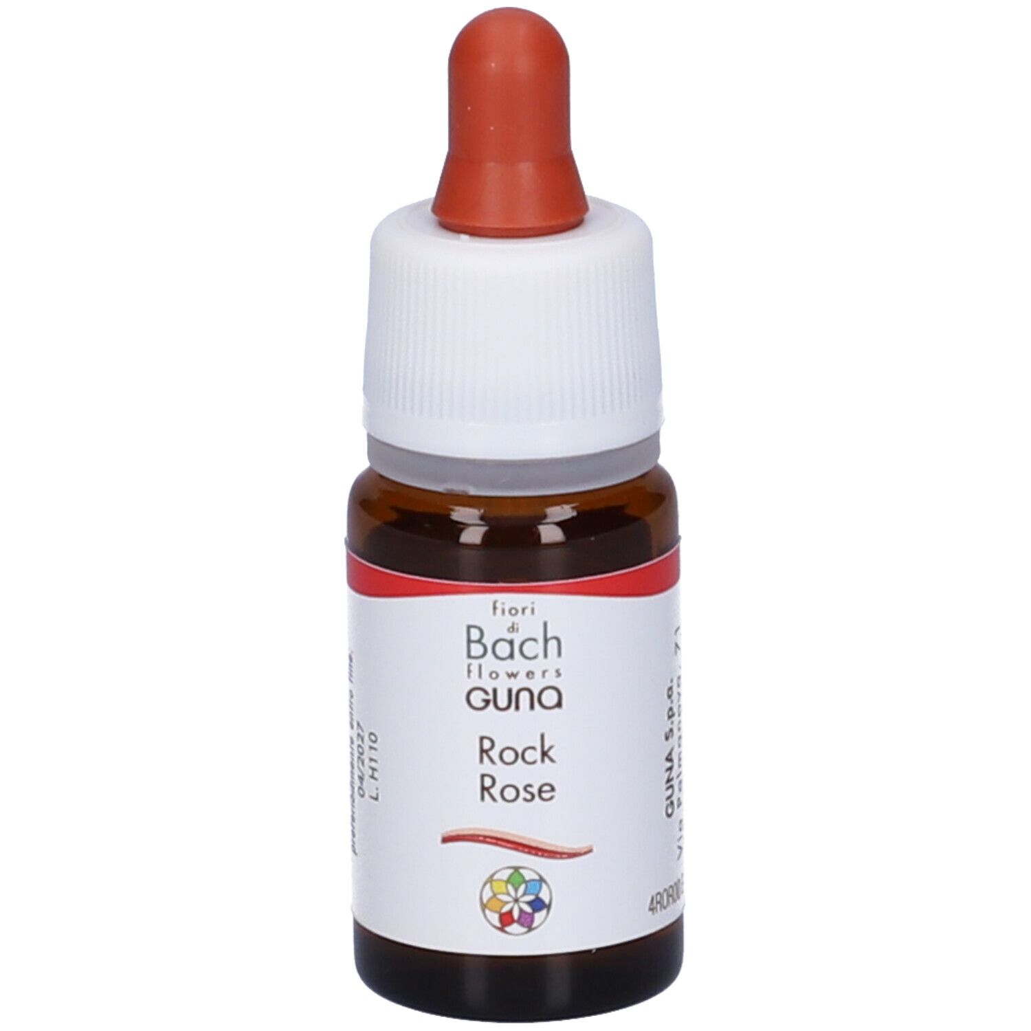 Flacone di vetro marrone con contagocce. Scritta: Rock Rose. Etichetta con testo. Tappo rosso.