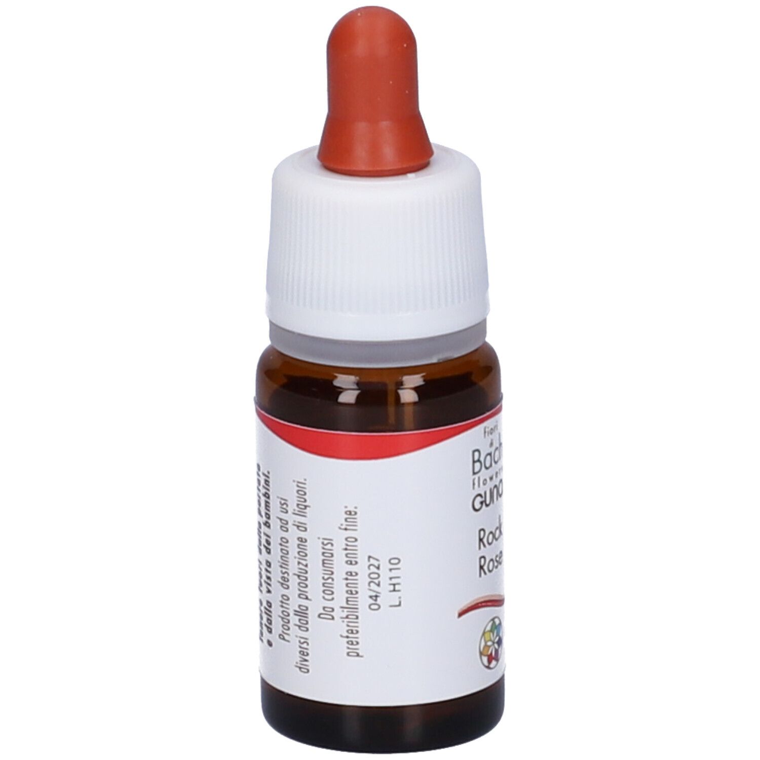 Flacone di vetro marrone con contagocce. Scritta: Rock Rose. Etichetta con testo. Tappo rosso.