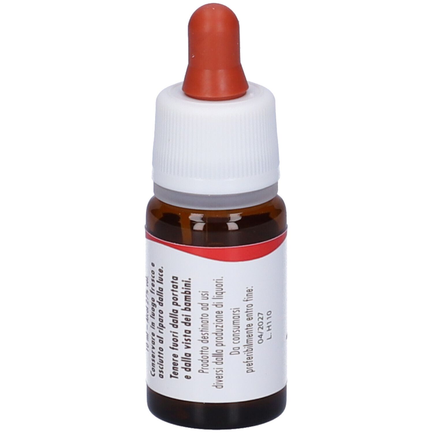 Flacone di vetro marrone con contagocce. Scritta: Rock Rose. Etichetta con testo. Tappo rosso.