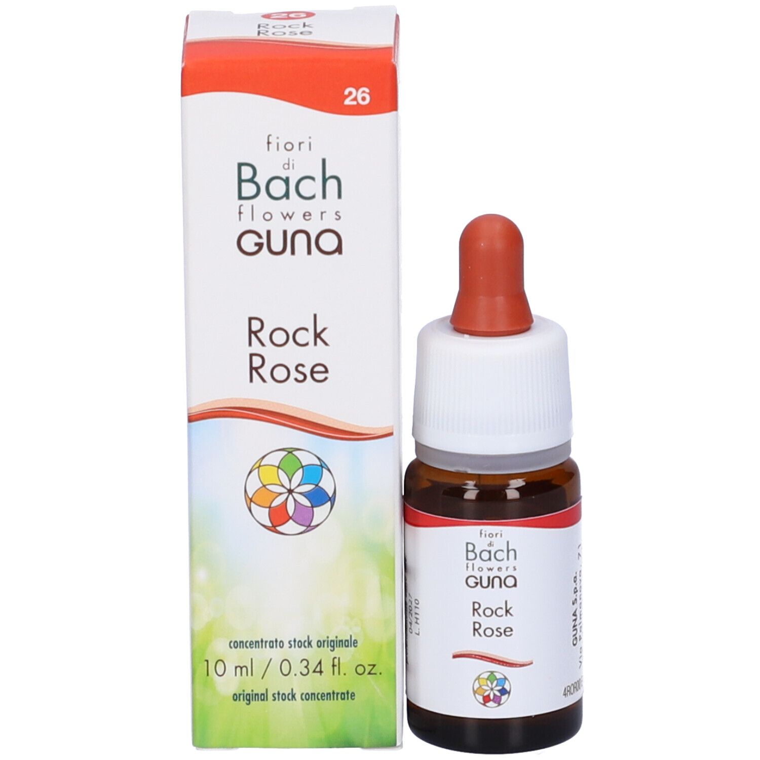 Prodotto Rock Rose e scatola. Scritta: fiori di Bach flowers GUNA. 10 ml/0.34 fl. oz. Flacone con contagocce.