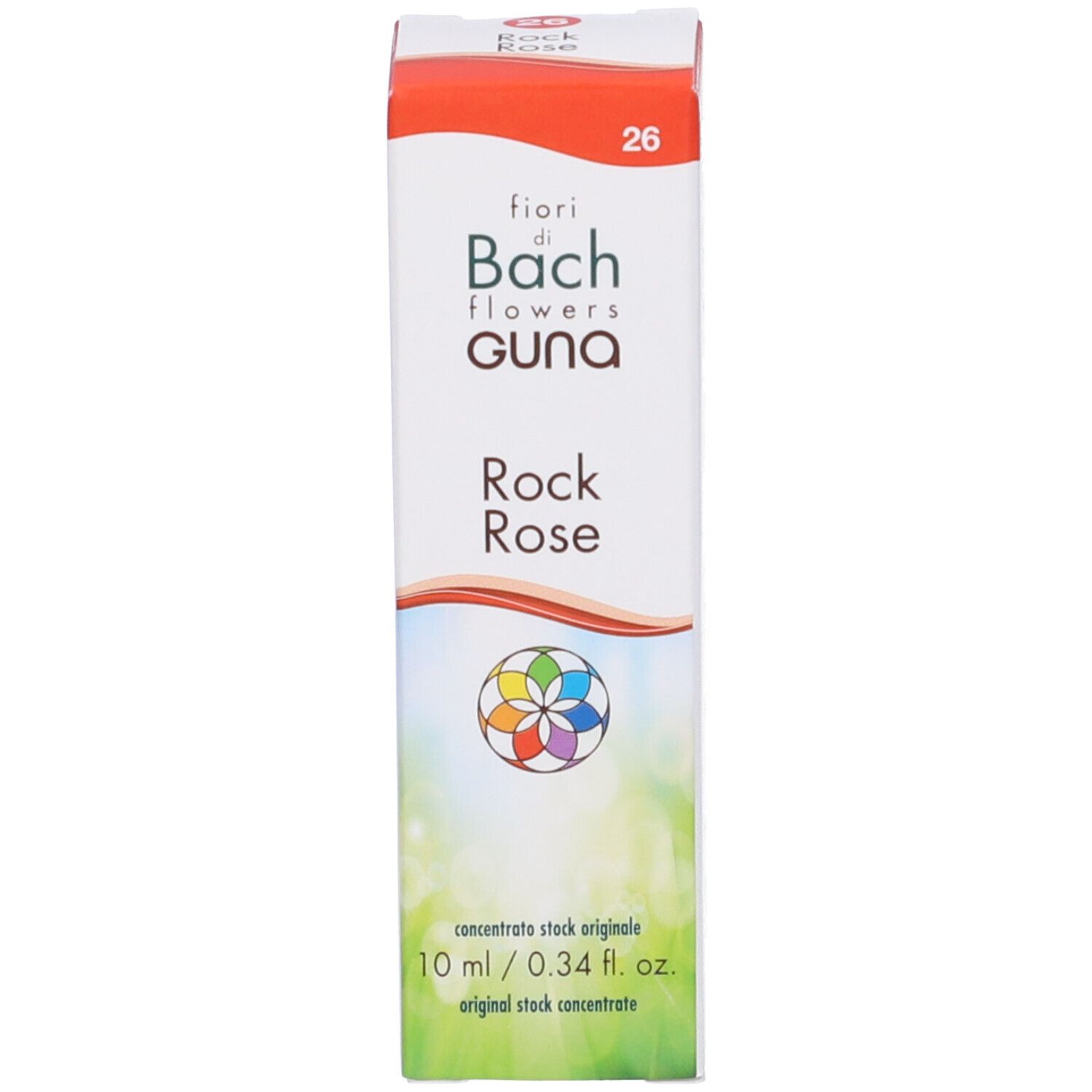 Scatola Rock Rose. Scritta: fiori di Bach flowers GUNA. 10 ml/0.34 fl. oz. Confezione.