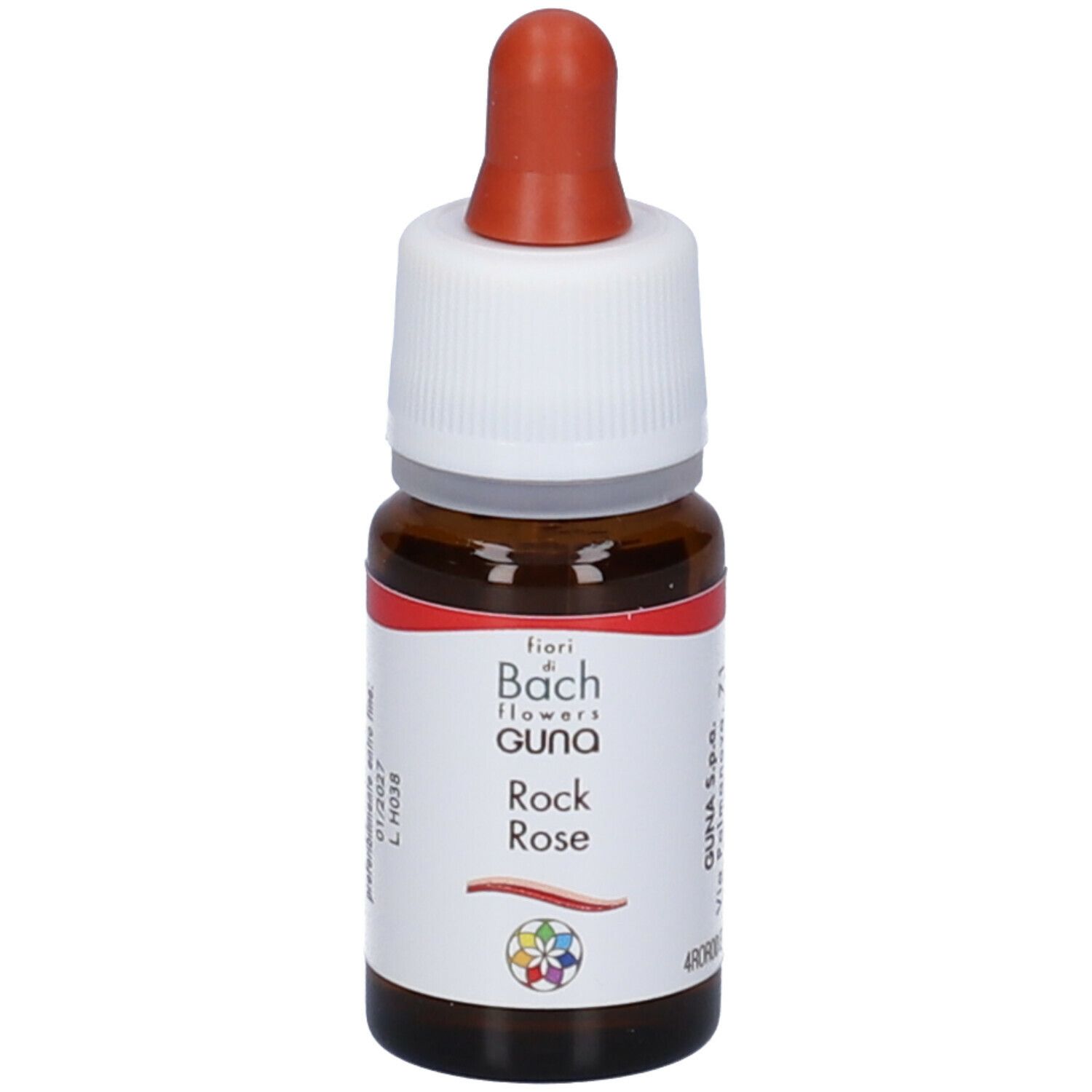 Flacone di vetro marrone con tappo bianco e contagocce rosso. Scritta: GUNA Rock Rose, Fiori di Bach.