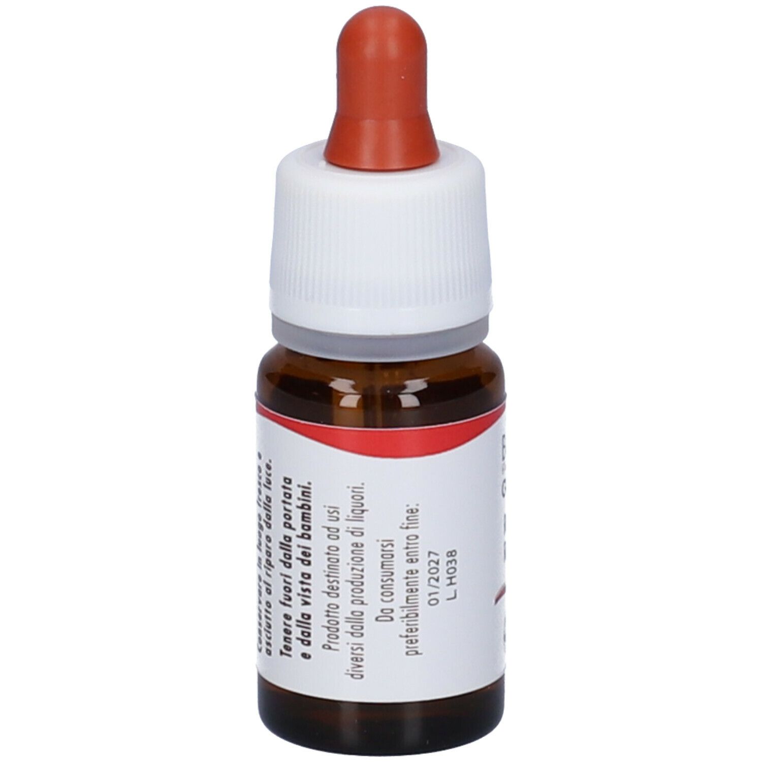 Flacone marrone con tappo bianco e contagocce rosso. Scritta e testo sull'etichetta.