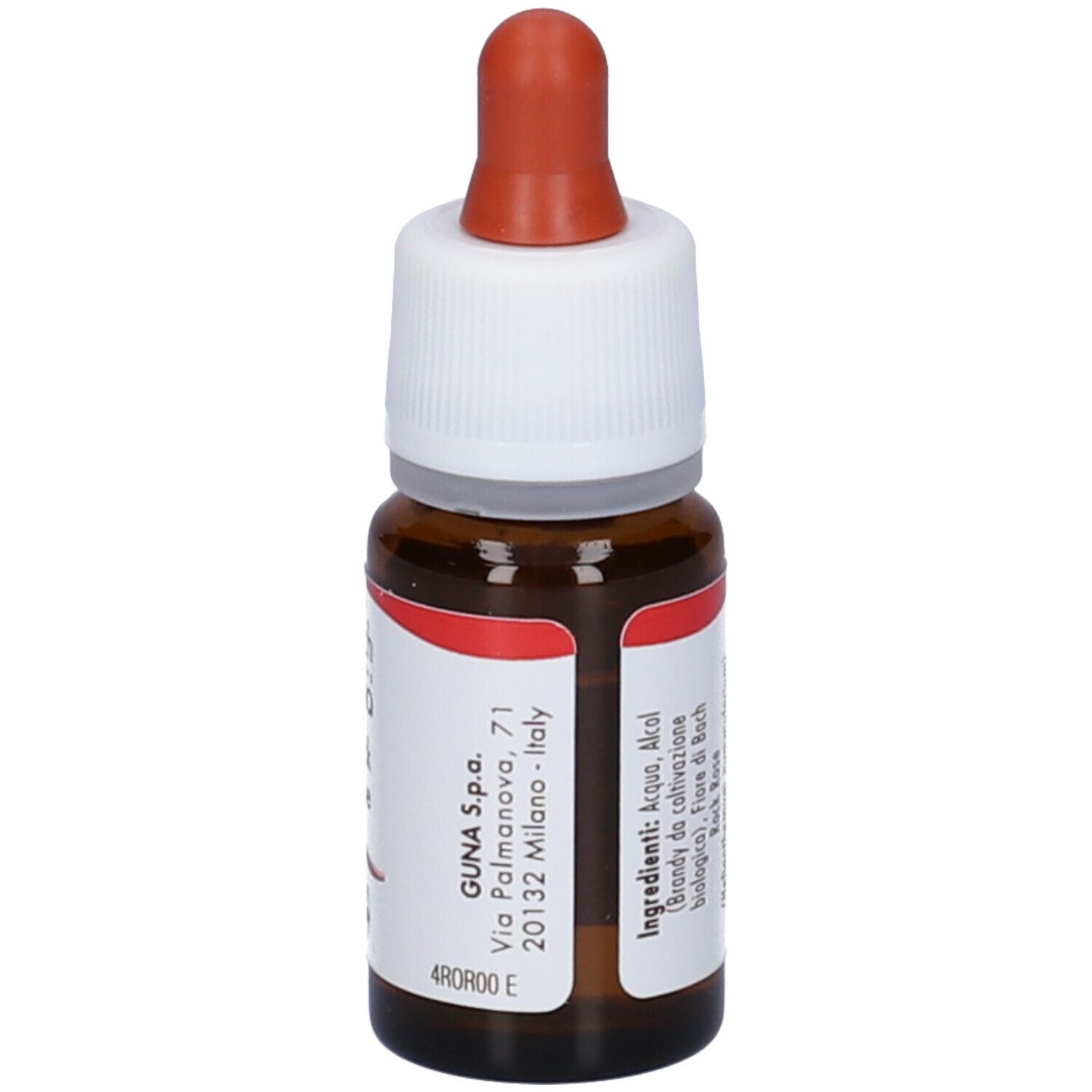 Flacone marrone con tappo bianco e contagocce rosso. Etichetta con indirizzo aziendale e testo.