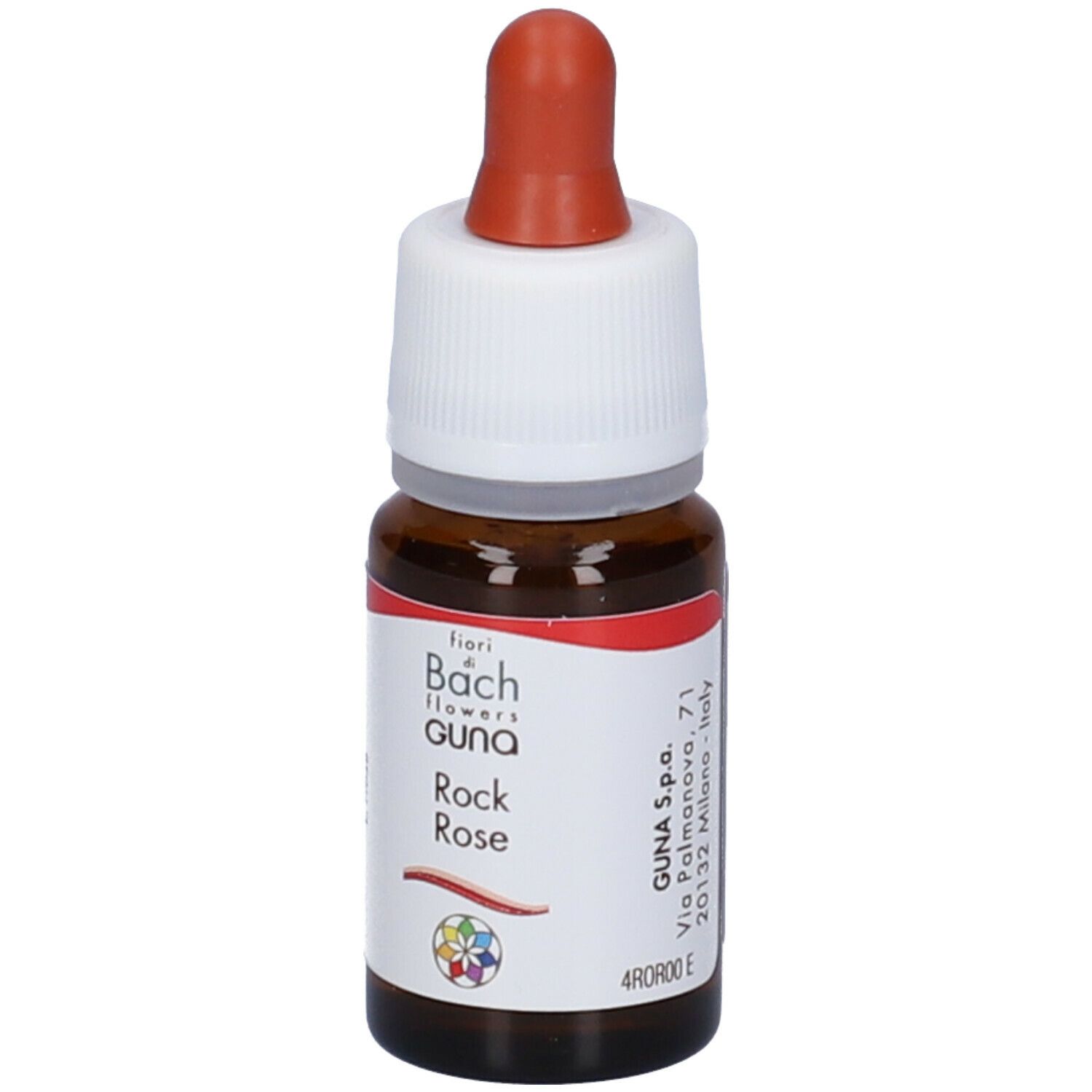 Flacone marrone con tappo bianco e contagocce rosso. Scritta: GUNA Rock Rose, Fiori di Bach.