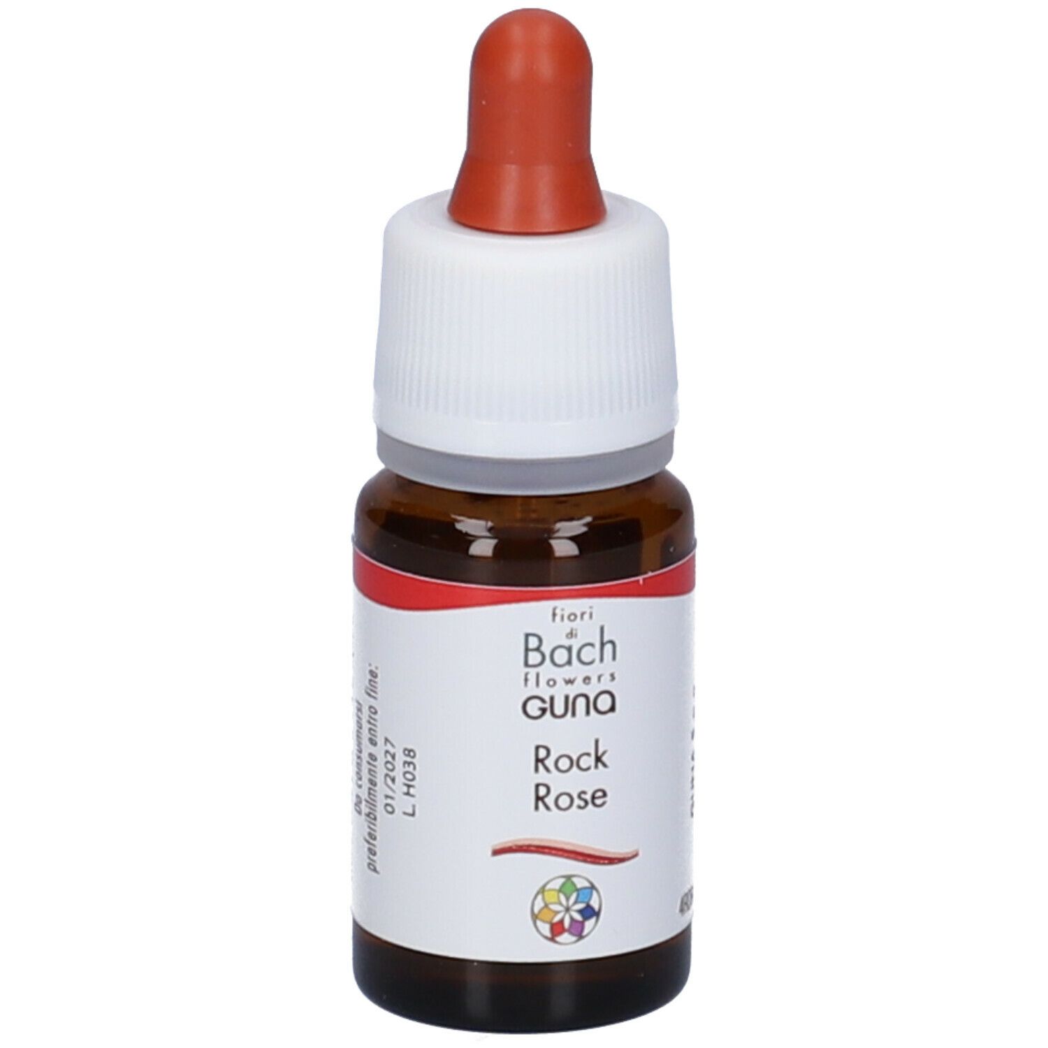 Flacone marrone con tappo bianco e contagocce rosso. Scritta: GUNA Rock Rose, Fiori di Bach.
