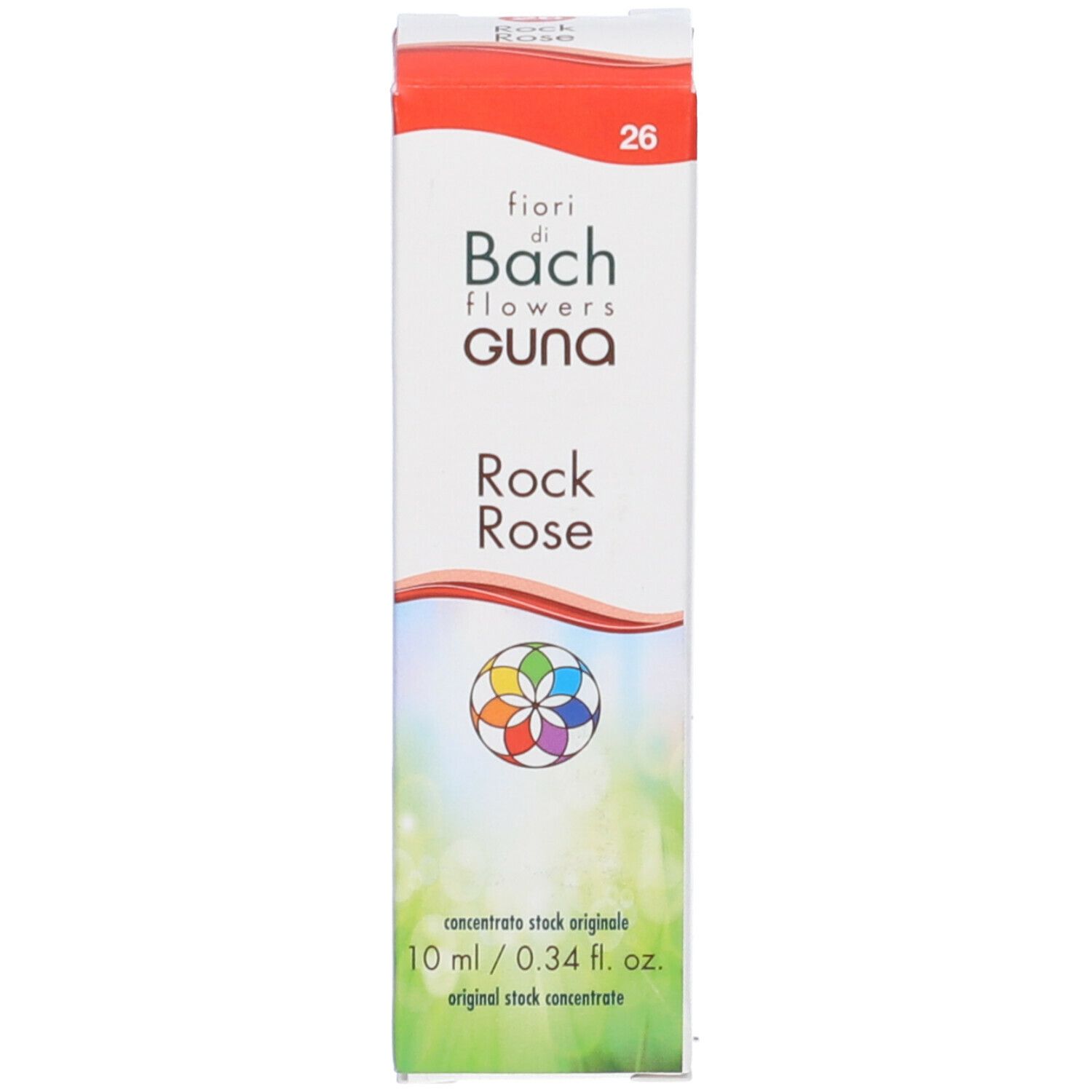 Confezione: bianca, rossa, verde. Scritta: GUNA Rock Rose, 10 ml, concentrato originale.
