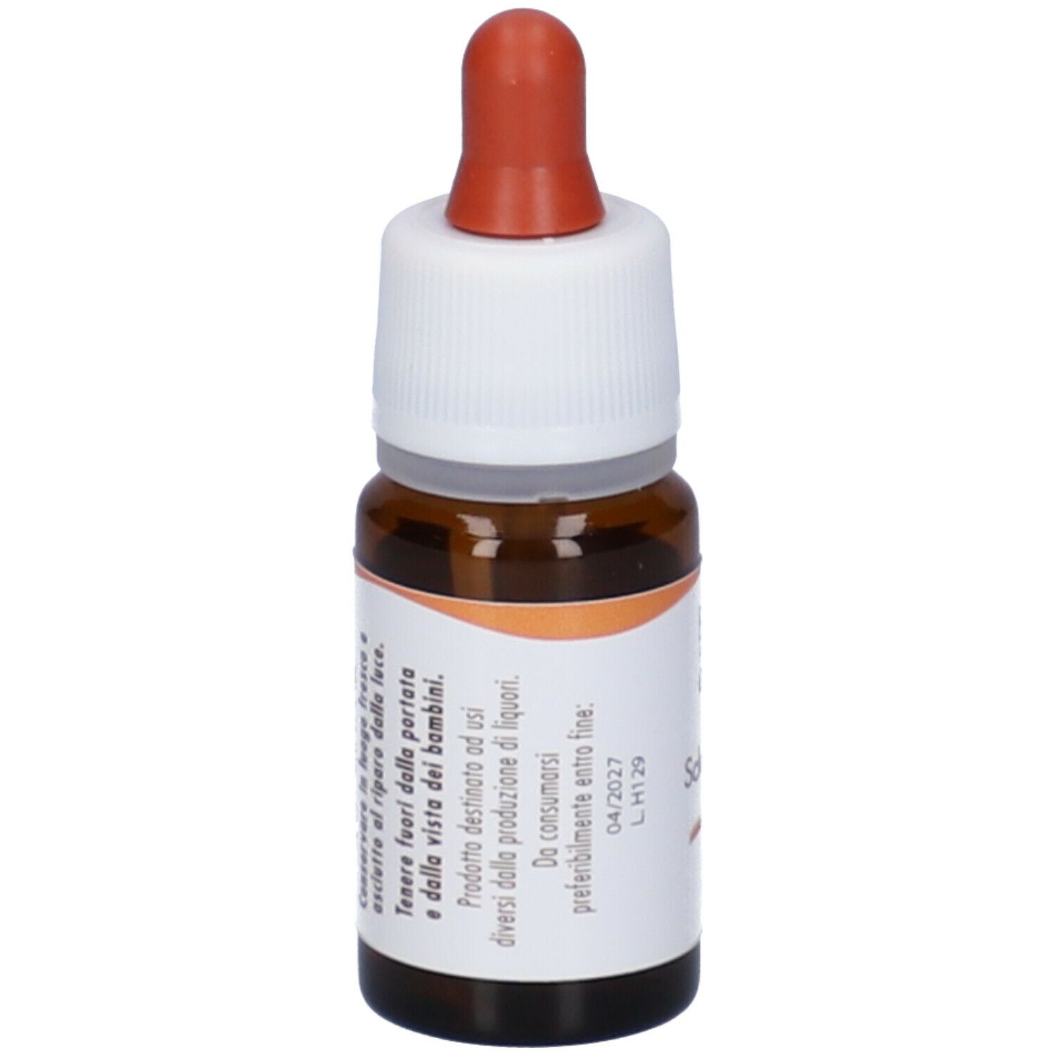 Flacone di vetro marrone con tappo bianco e contagocce rosso. Etichetta con testo. Nome del prodotto non visibile.