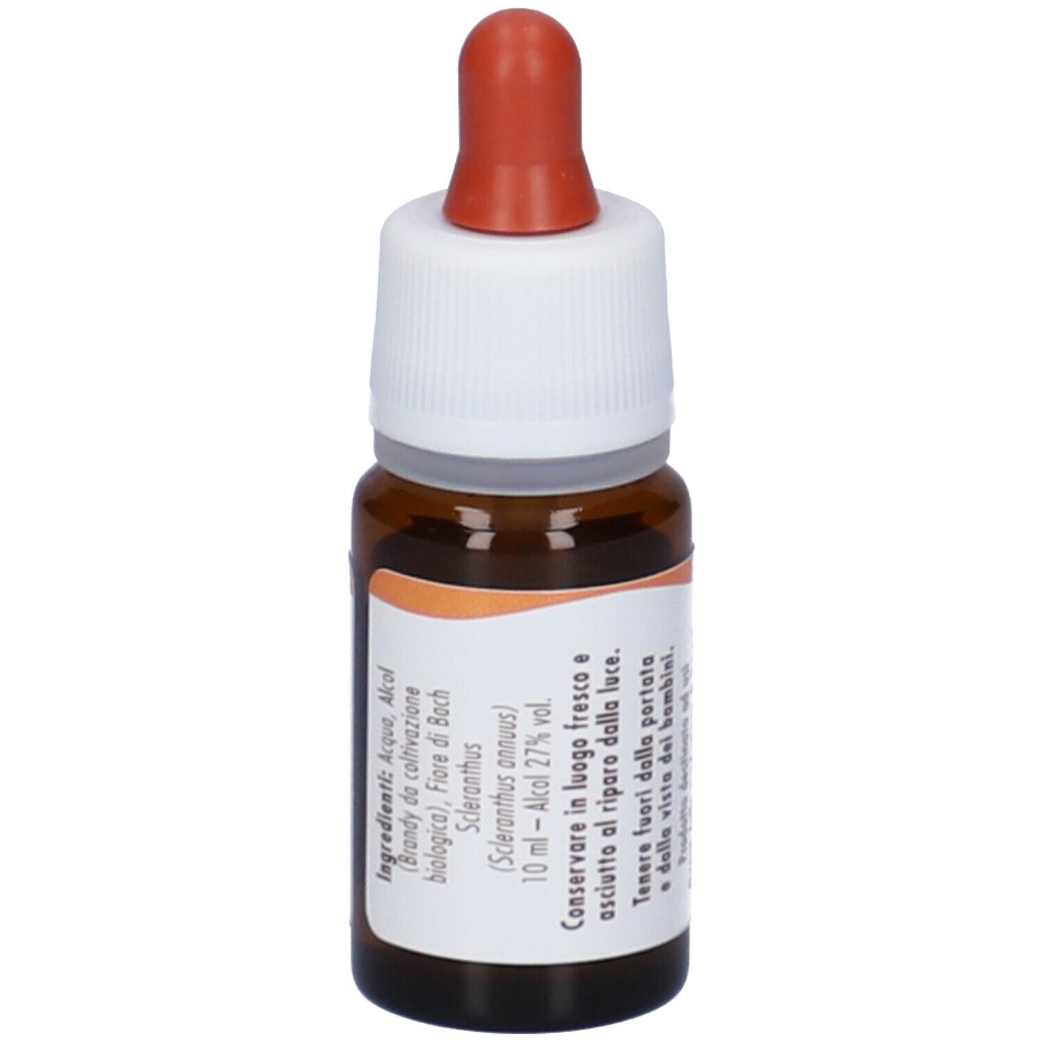 Flacone di vetro marrone con tappo bianco e contagocce rosso. Etichetta con ingredienti e testo. Nome del prodotto non visibile.