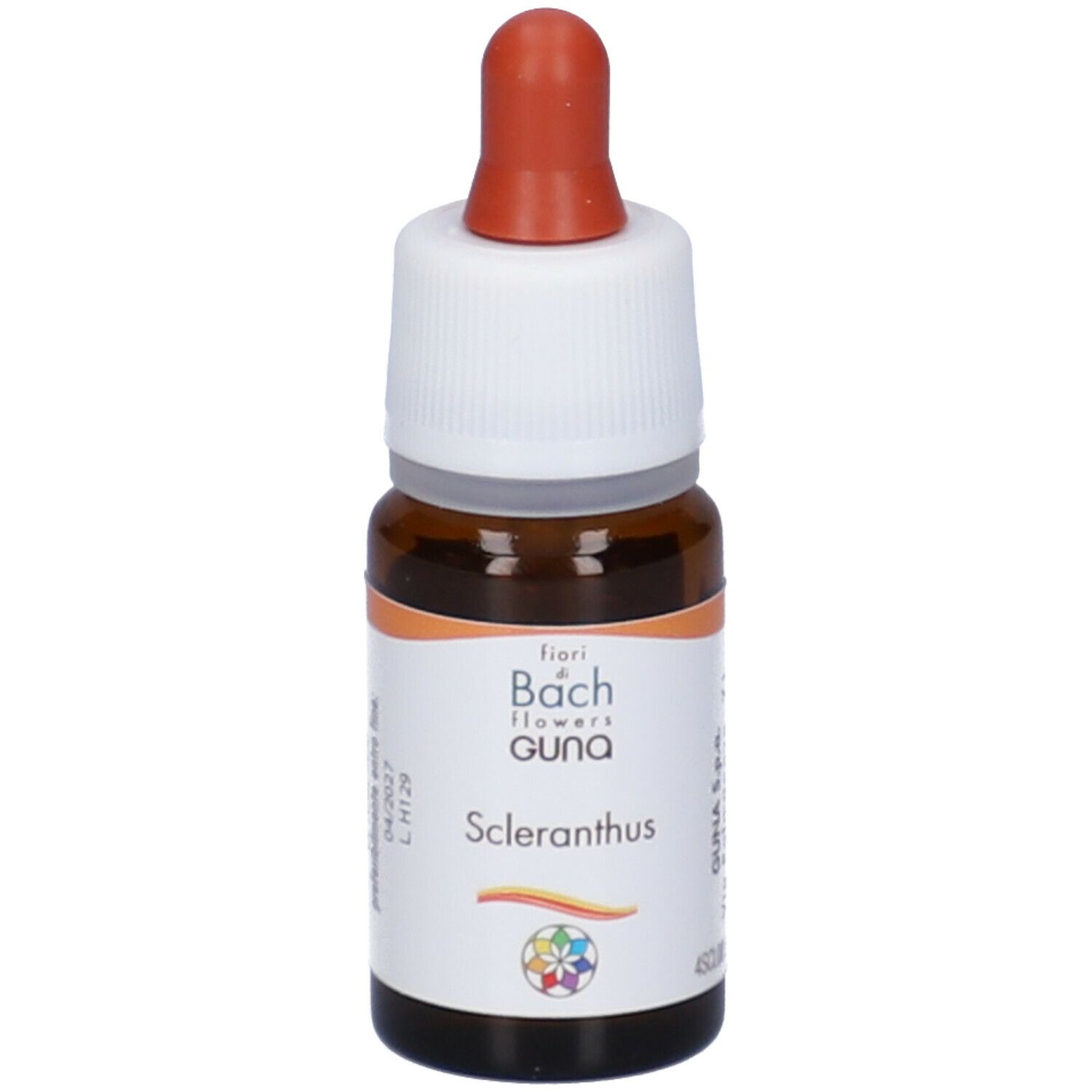 Flacone di vetro marrone con tappo bianco e contagocce rosso. Etichetta con nome del prodotto: Scleranthus. Logo visibile.