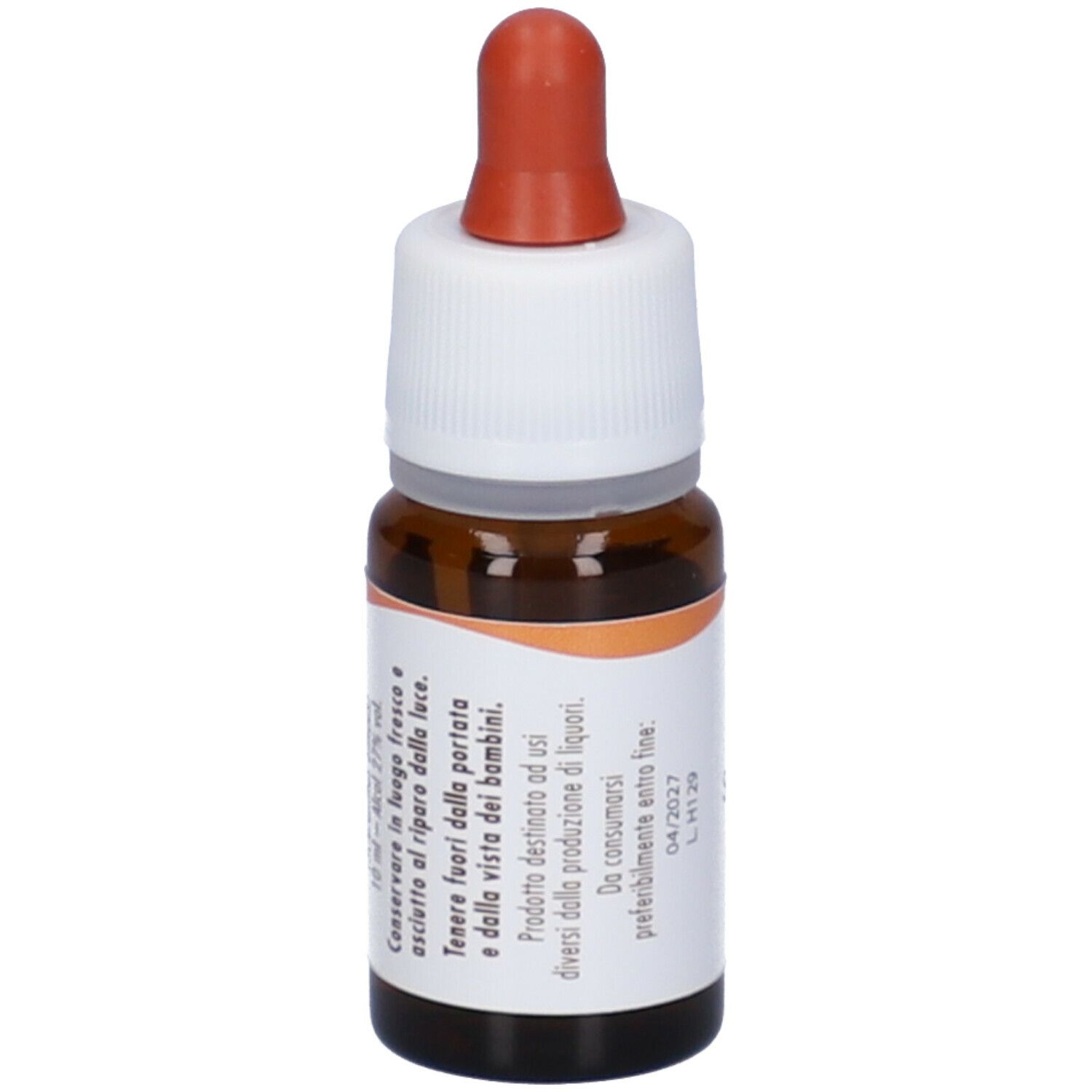 Flacone di vetro marrone con tappo bianco e contagocce rosso. Etichetta con testo e data di scadenza. Nome del prodotto: Scleranthus.