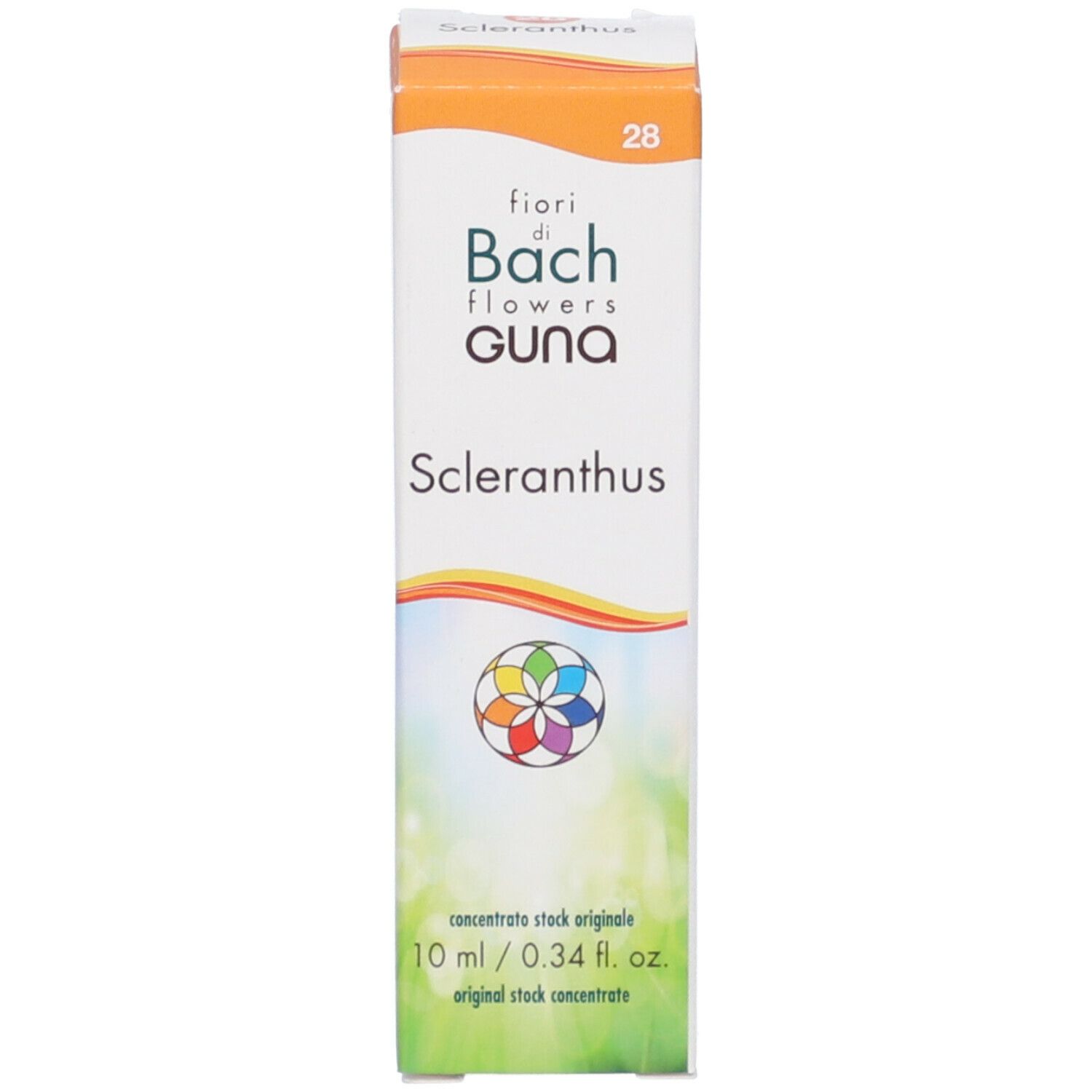Confezione del prodotto. Nome del prodotto: Scleranthus. Logo visibile. Testo: 10 ml / 0.34 fl. oz. Original stock concentrate.
