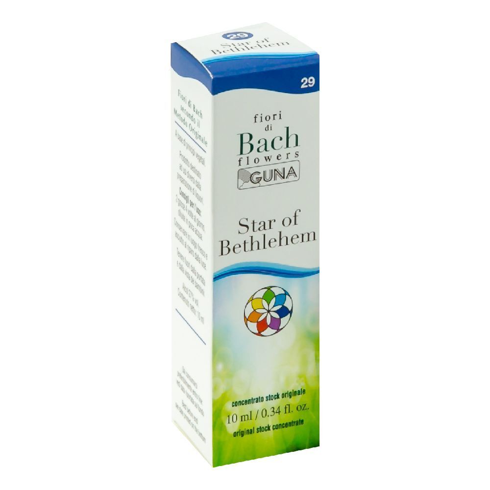 Scatola bianca Star of Bethlehem Guna Gocce 10 ml. Flacone con contagocce. Scritte e logo.