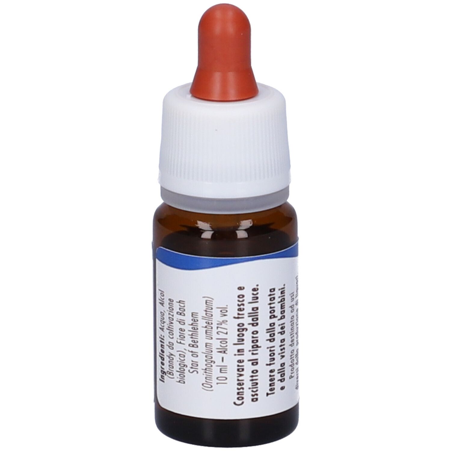 Flacone in vetro marrone, tappo bianco e contagocce rosso. Etichetta con ingredienti e testo.