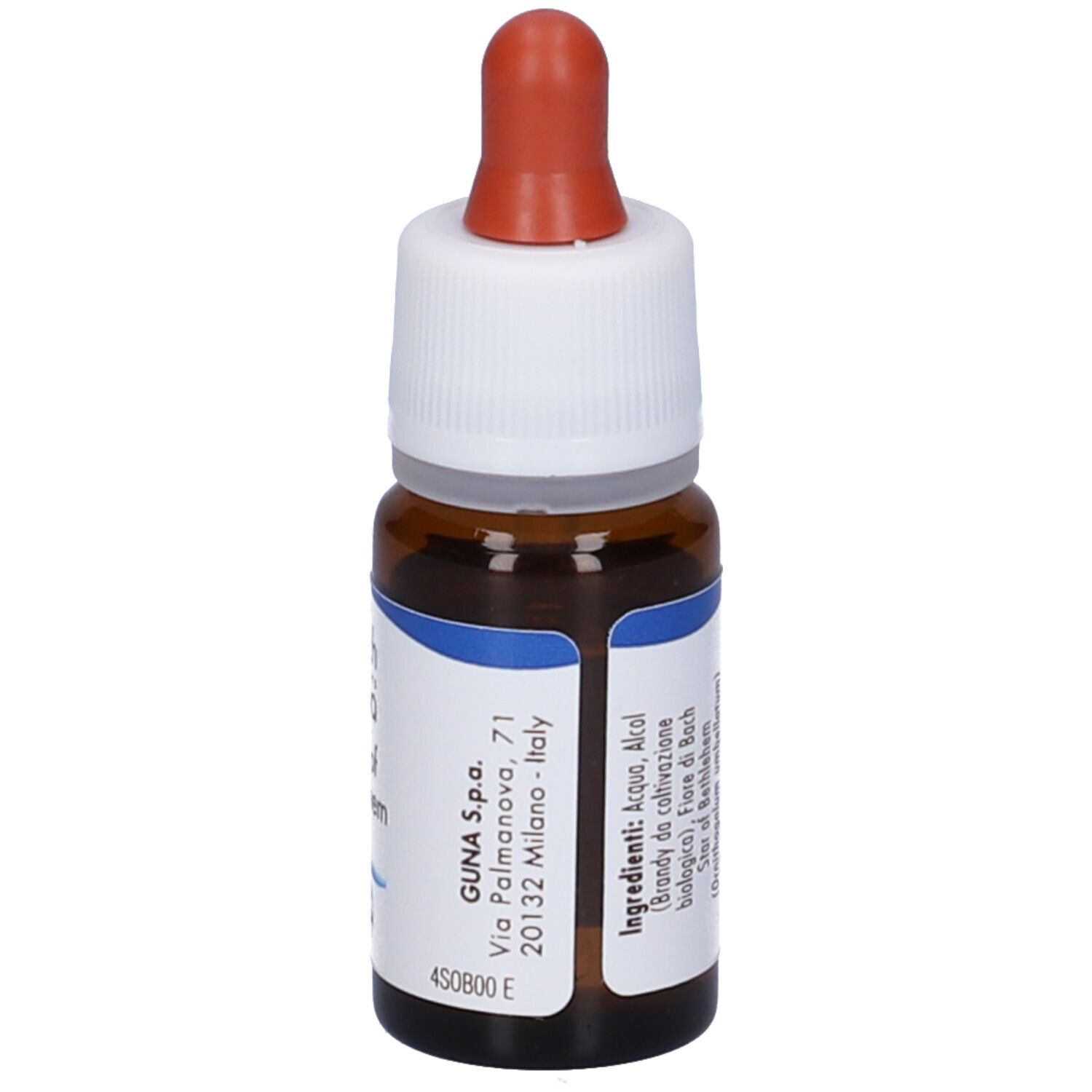 Flacone in vetro marrone, tappo bianco e contagocce rosso. Etichetta con indirizzo e testo.
