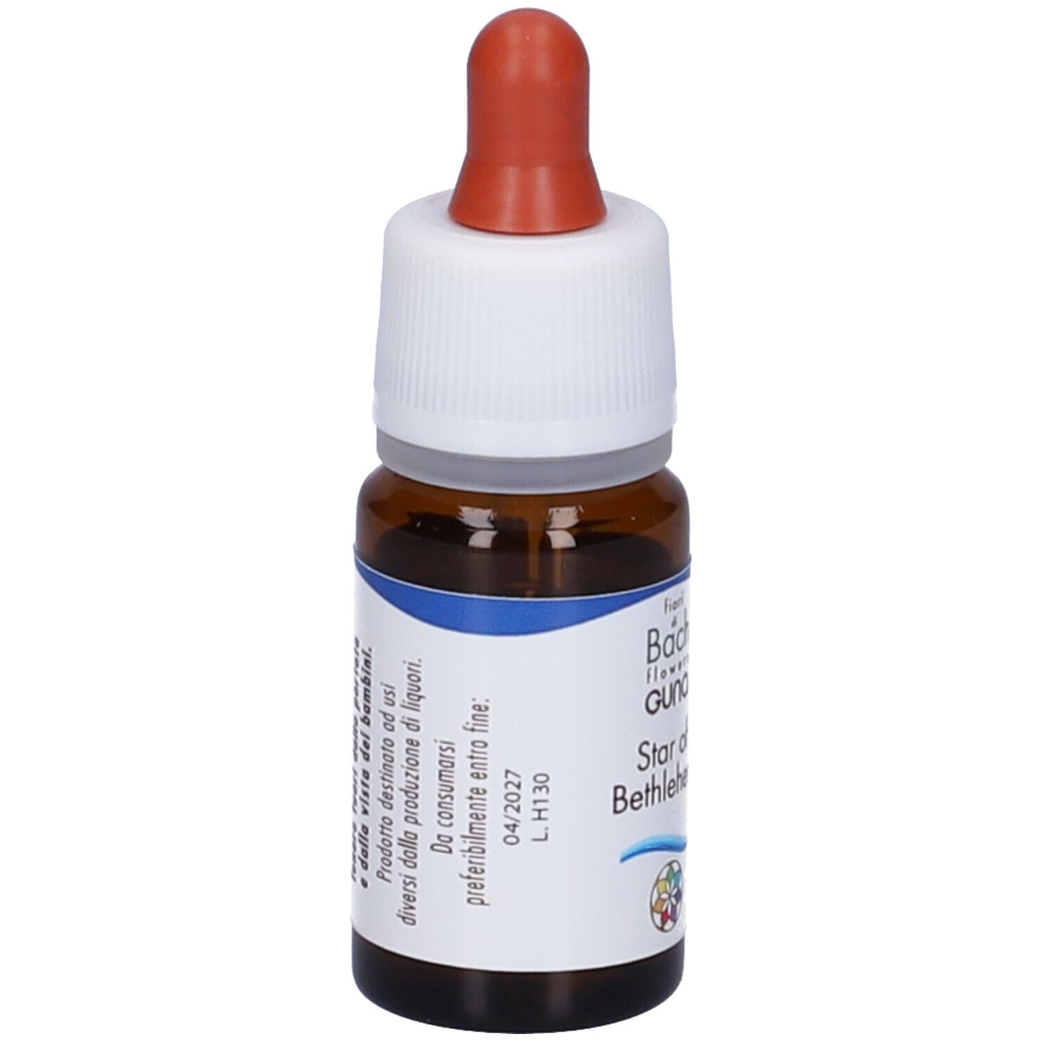 Flacone in vetro marrone, tappo bianco e contagocce rosso. Etichetta con testo e logo.