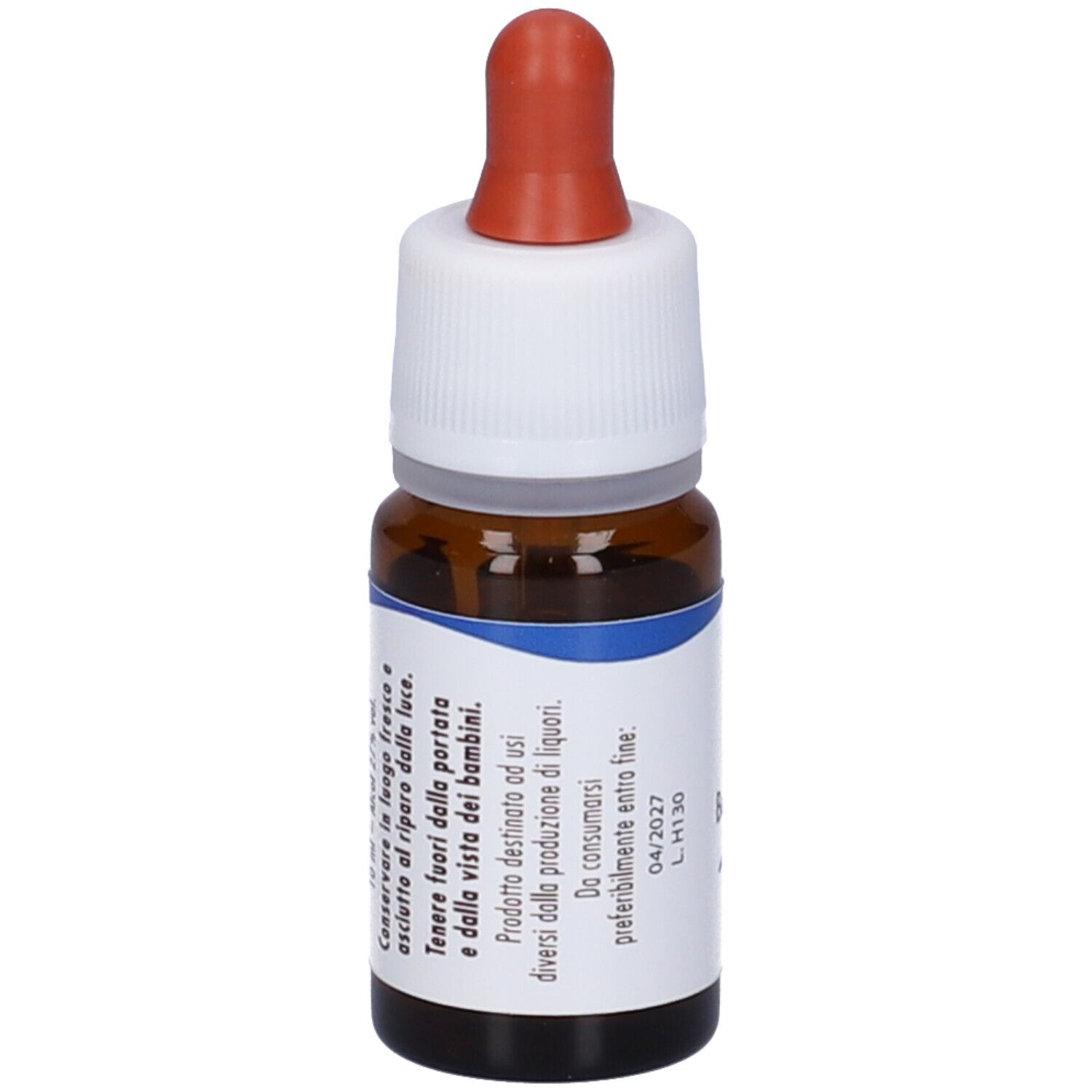 Flacone in vetro marrone, tappo bianco e contagocce rosso. Etichetta con testo.