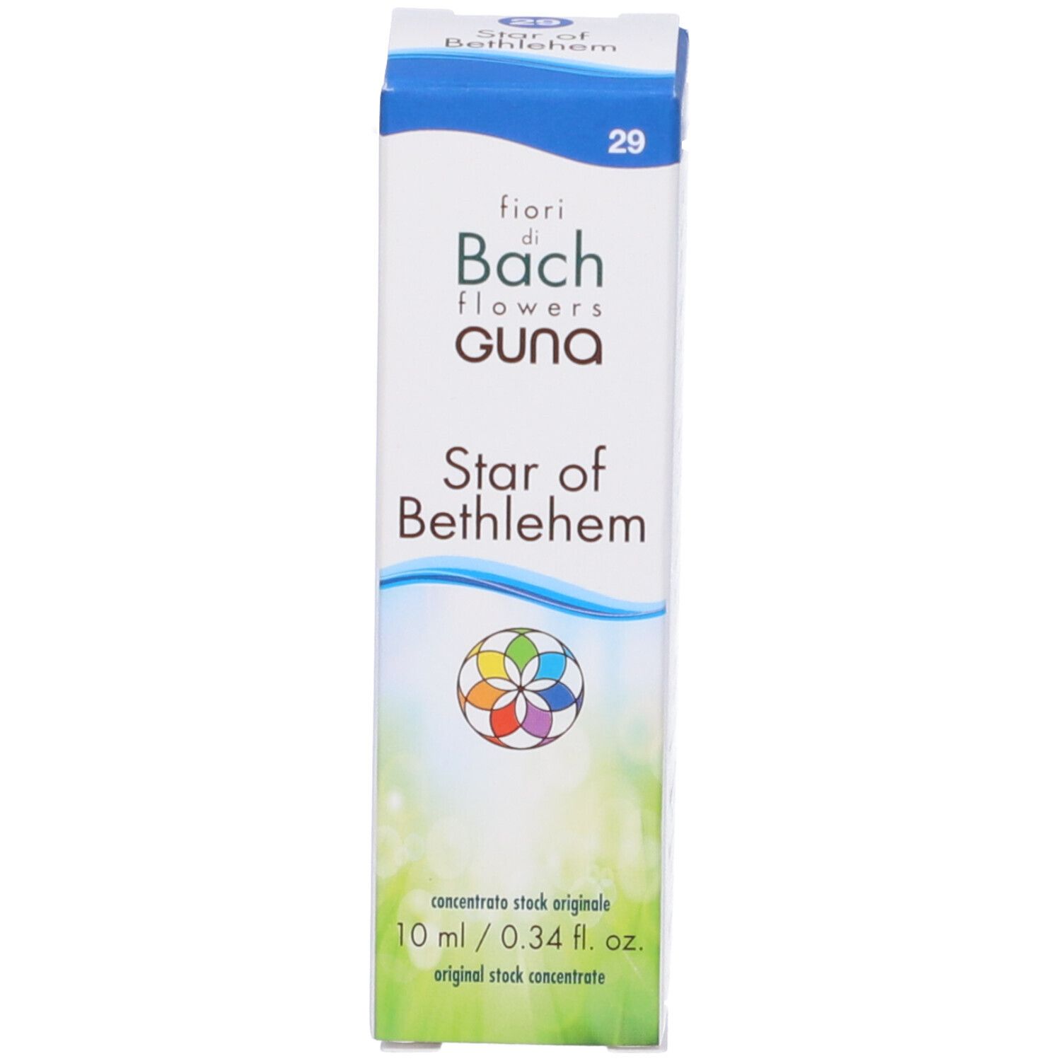 Scatola bianca Star of Bethlehem Guna Gocce 10 ml. Nome del prodotto, logo e testo sulla confezione.