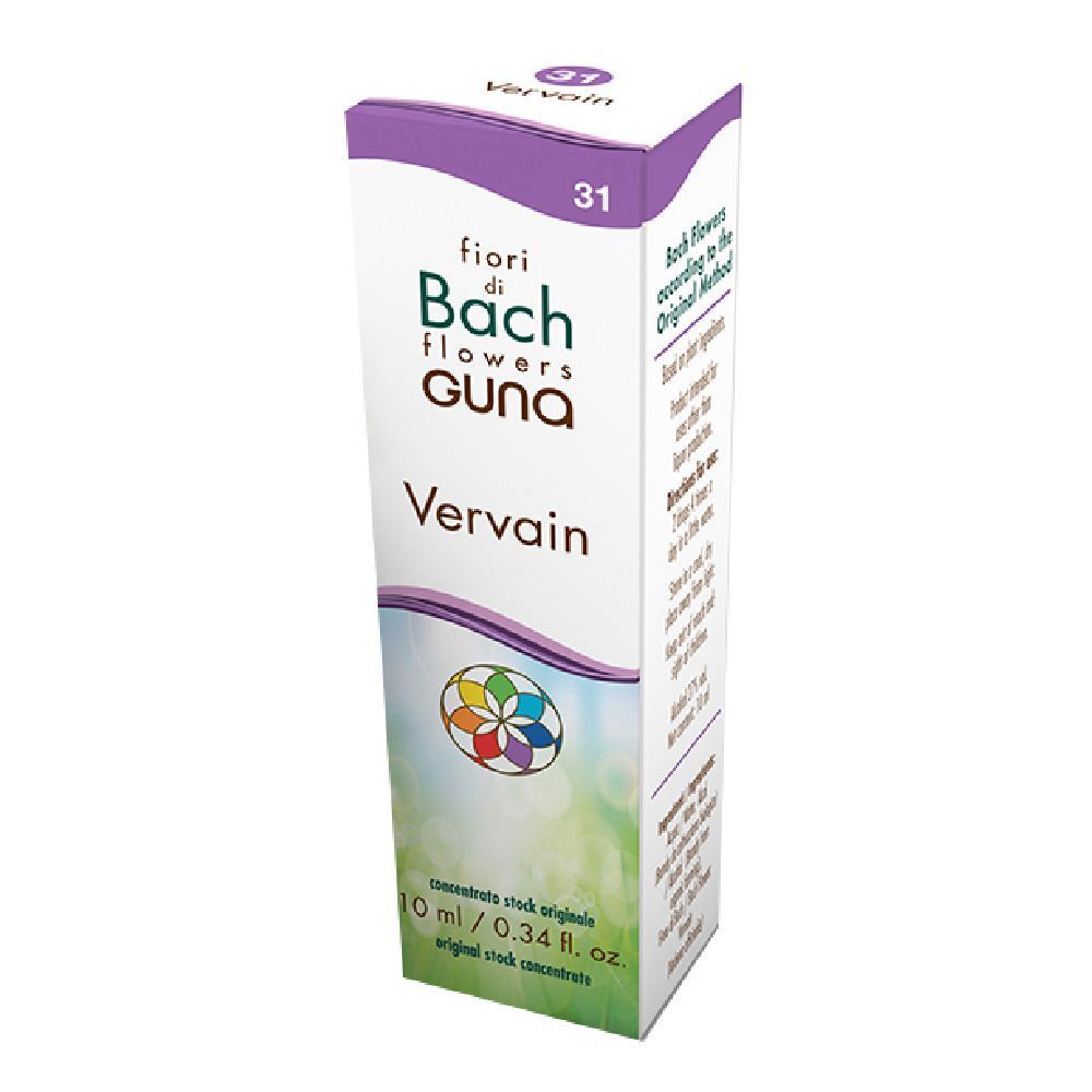 Confezione in cartone con etichetta. Scritta: fiori di Bach flowers guna Vervain. 10 ml.