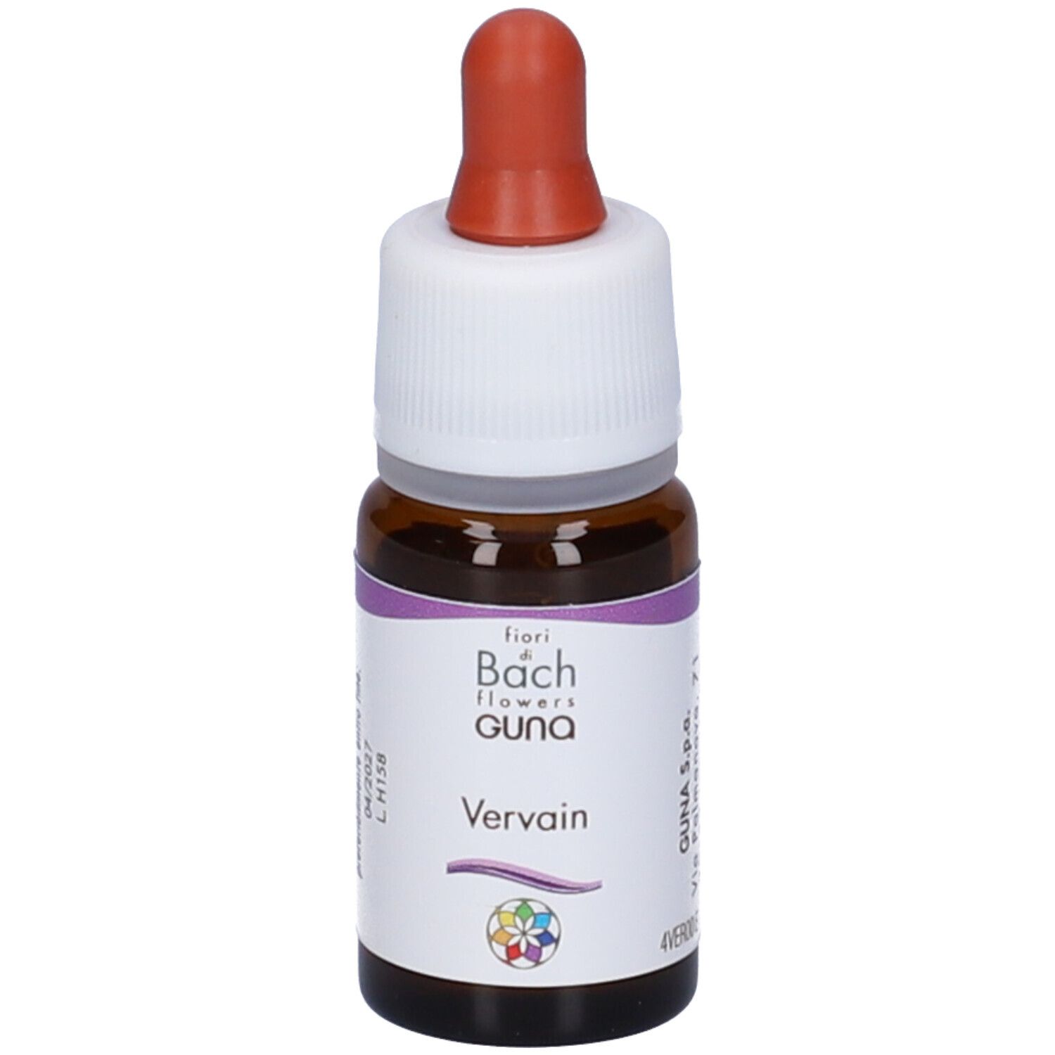 Flacone in vetro marrone con contagocce. Scritta: fiori di Bach flowers guna Vervain. Con contagocce.