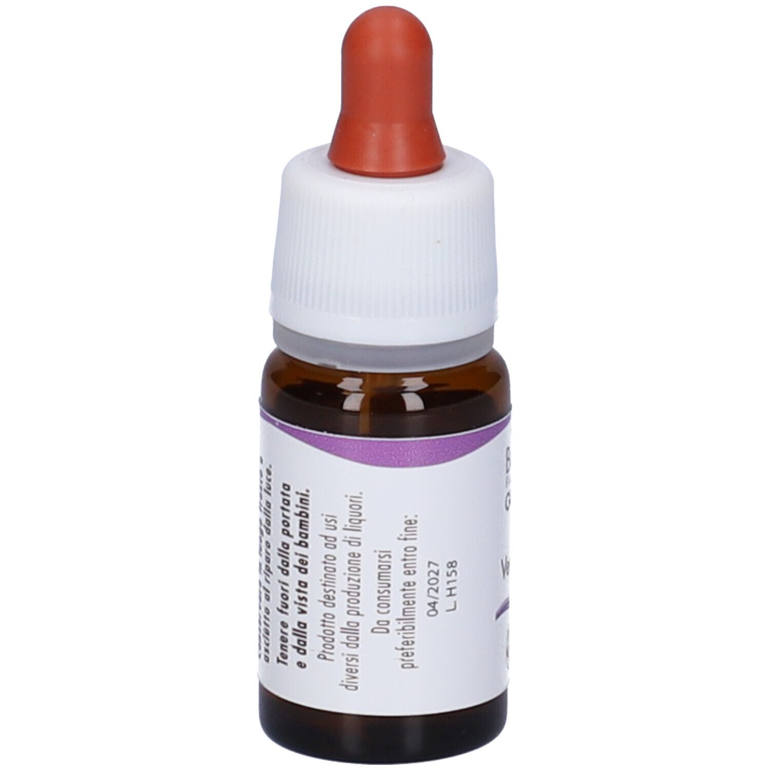 Flacone in vetro marrone con contagocce. Scritta: fiori di Bach flowers guna Vervain. Con contagocce.