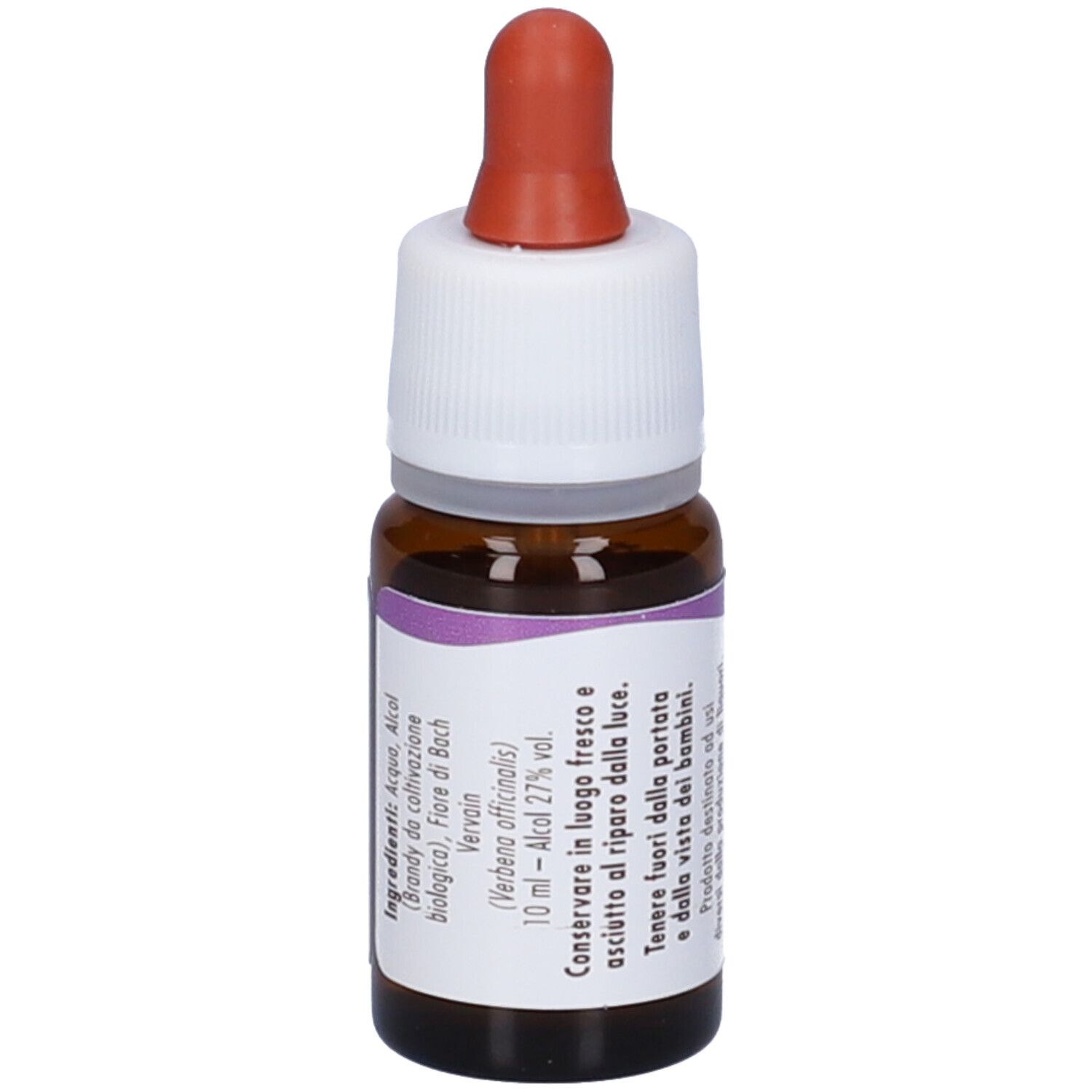 Flacone in vetro marrone con contagocce. Scritta: fiori di Bach flowers guna Vervain. Con contagocce.