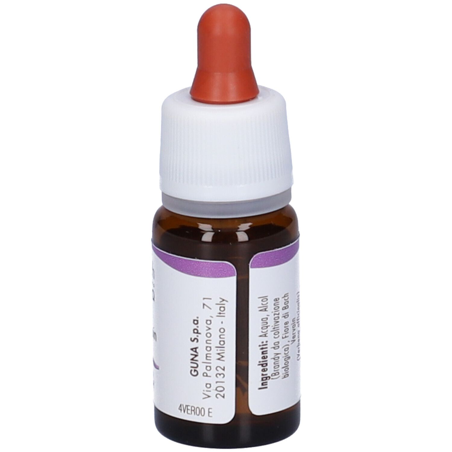 Flacone in vetro marrone con contagocce. Scritta: fiori di Bach flowers guna Vervain. Con contagocce.