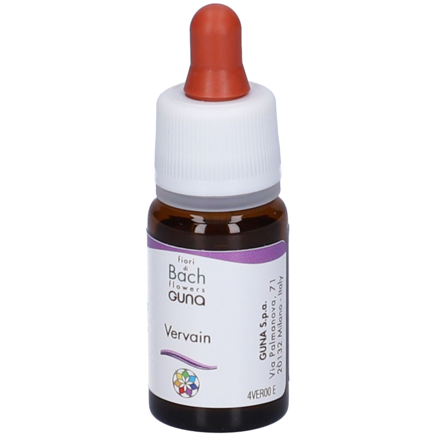 Flacone in vetro marrone con contagocce. Scritta: fiori di Bach flowers guna Vervain. Con contagocce.