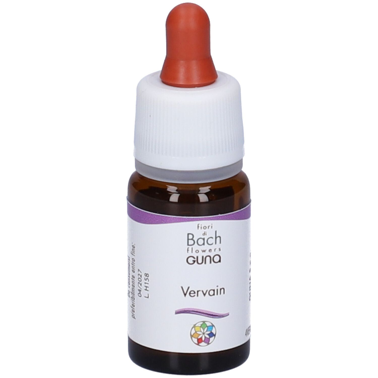 Flacone in vetro marrone con contagocce. Scritta: fiori di Bach flowers guna Vervain. Con contagocce.