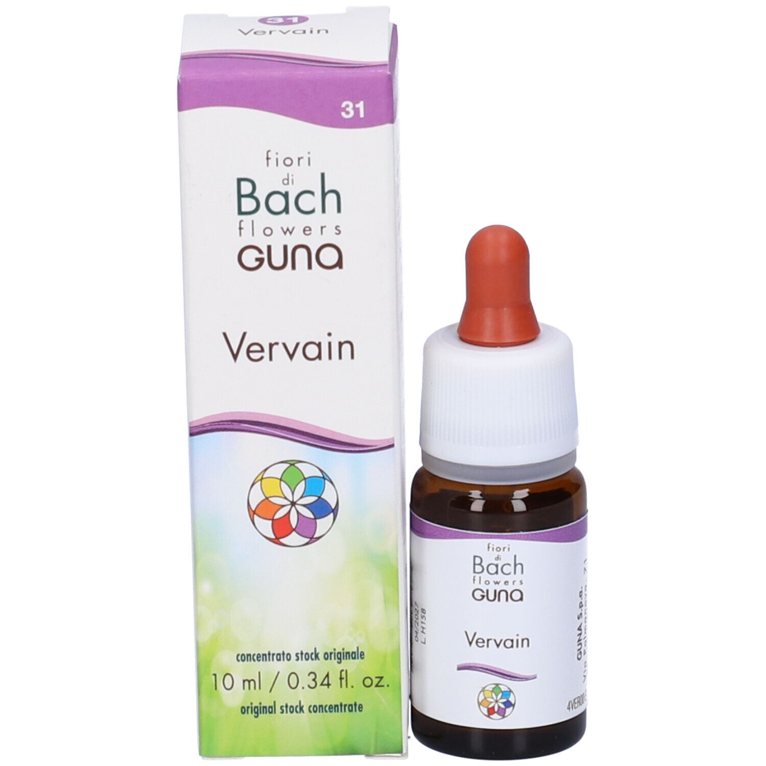 Confezione e flacone. Scritta: fiori di Bach flowers guna Vervain. 10 ml.