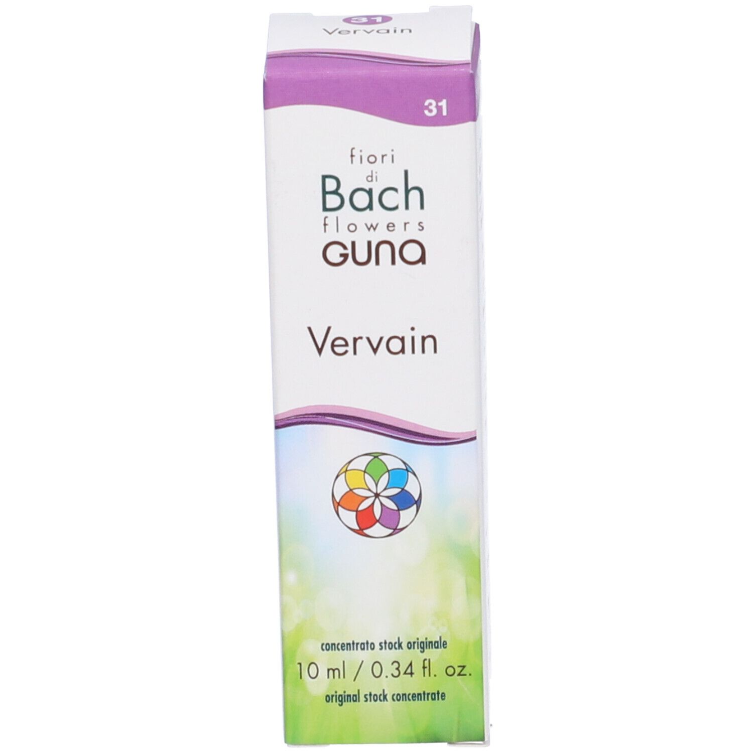 Confezione in cartone. Scritta: fiori di Bach flowers guna Vervain. 10 ml.