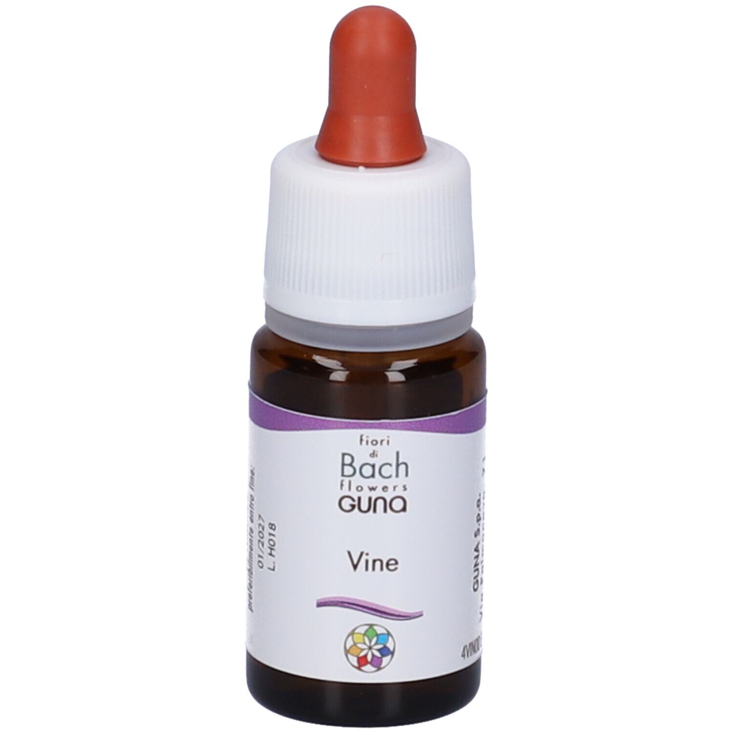 Braunglasflasche mit Pipettenverschluss. Etikett mit "Bach Flowers Guna Vine" und floralem Logo.