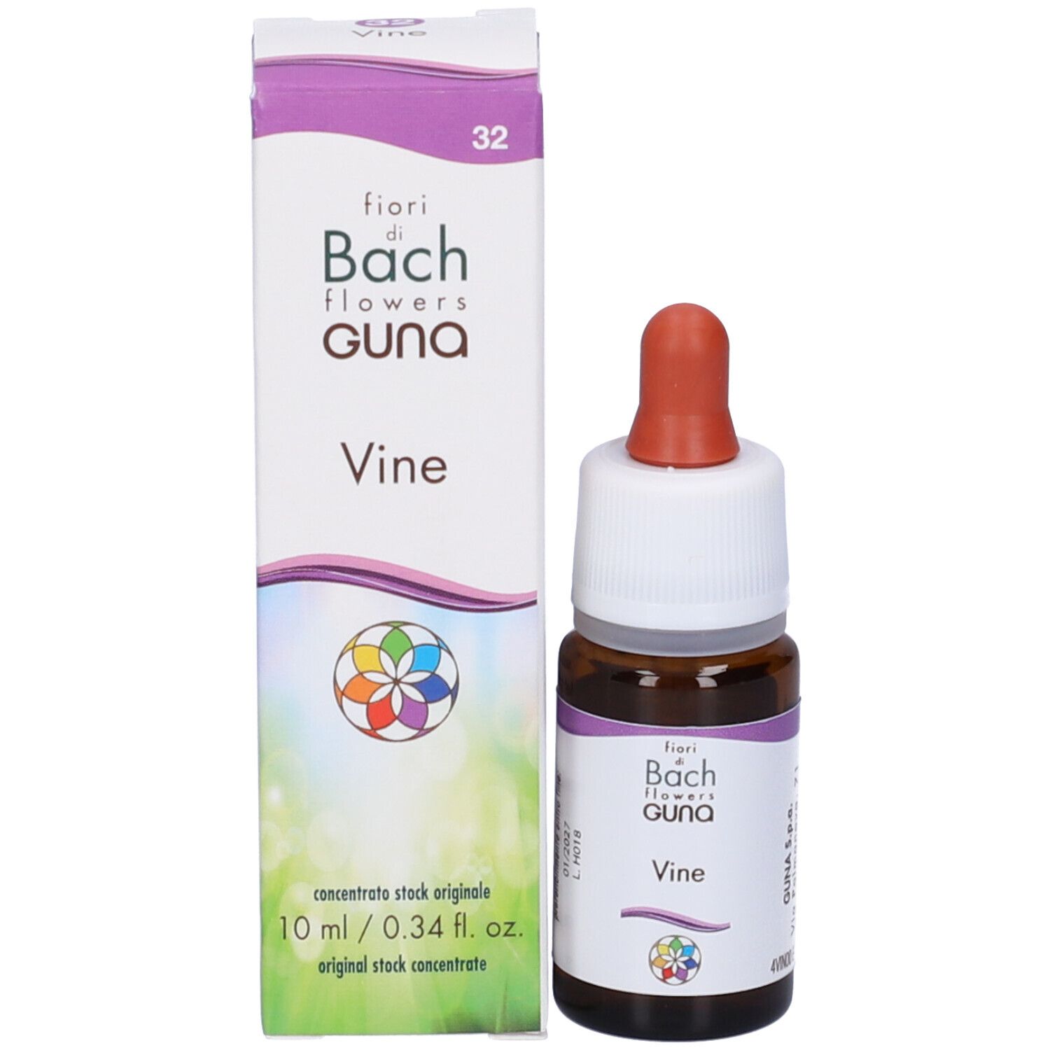 Verpackung und Braunglasflasche mit Pipettenverschluss. "Bach Flowers Guna Vine" auf beiden.