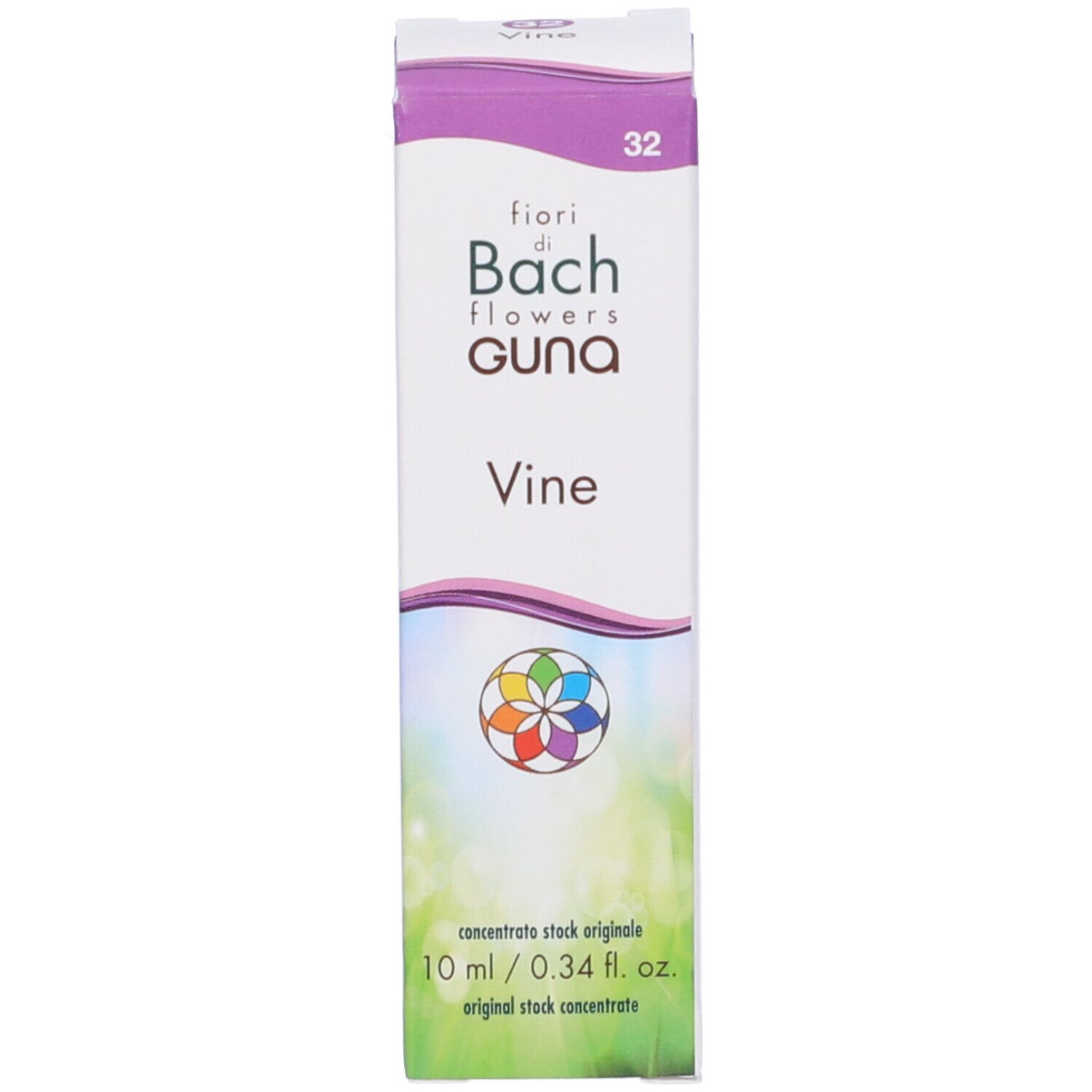 Verpackung mit "Bach Flowers Guna Vine" und floralem Logo. "32" und "10 ml" sichtbar.