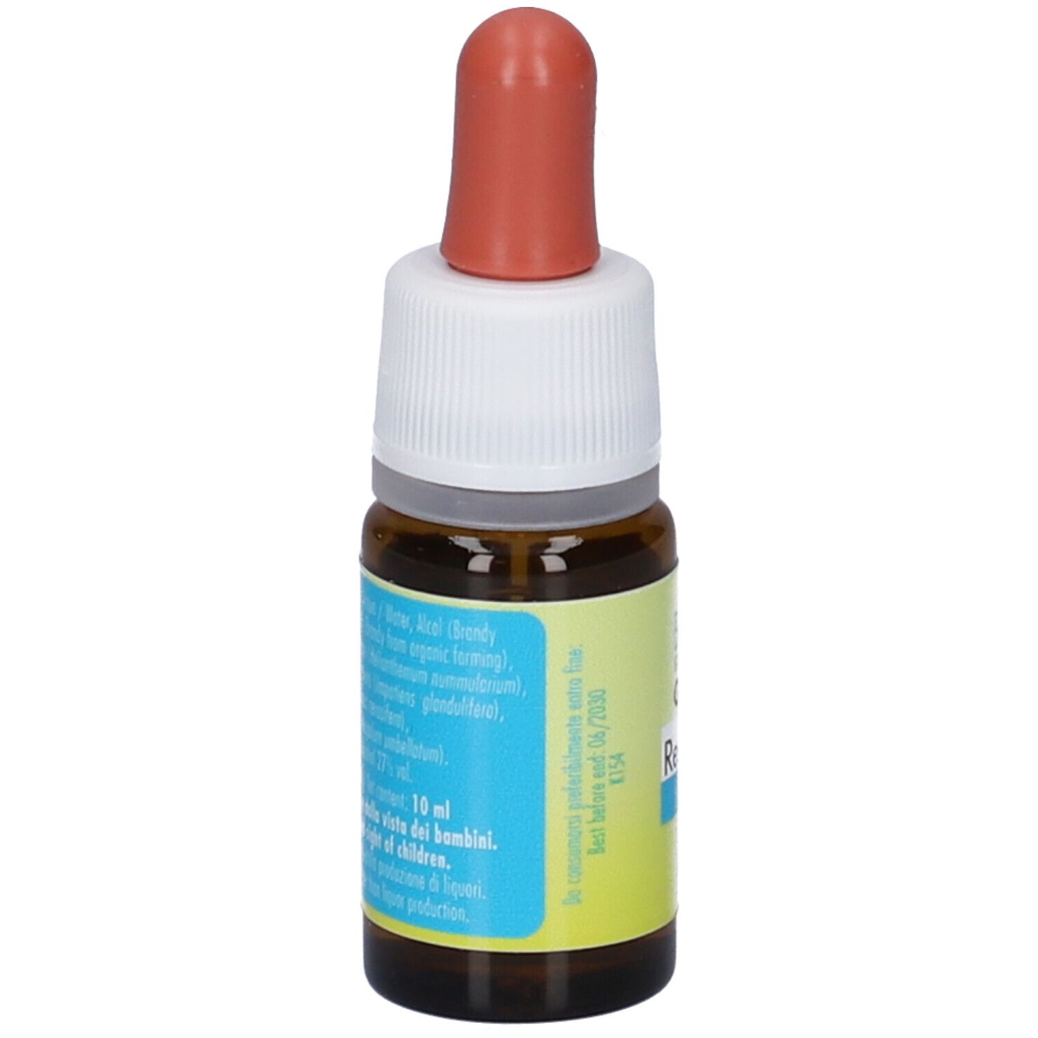 Braunglasflasche mit Pipettenverschluss, Etikett mit Inhaltsstoffen und Anwendungshinweisen.