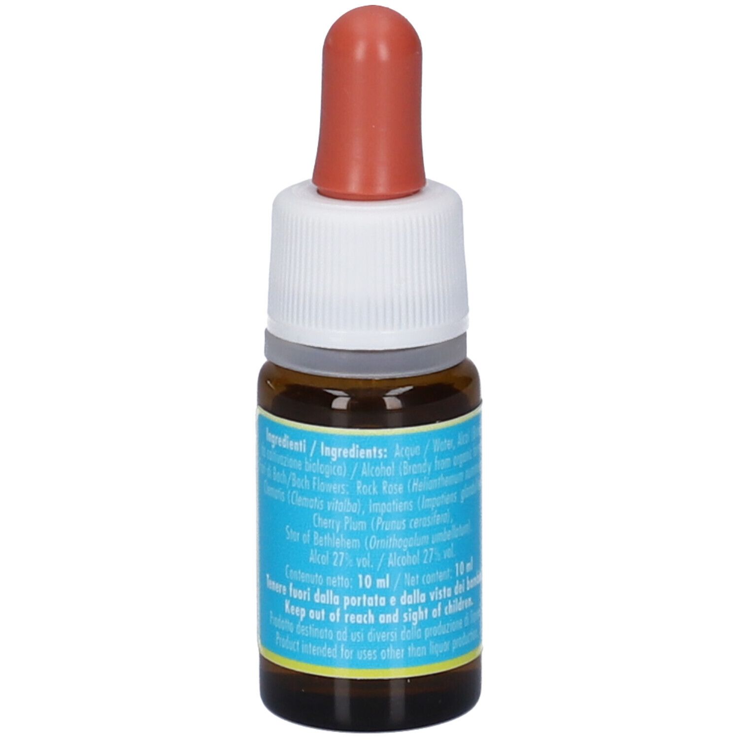 Braunglasflasche mit Pipettenverschluss, Etikett mit Inhaltsstoffen und Anwendungshinweisen.