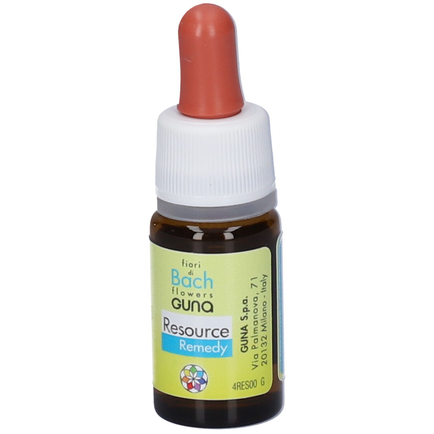 Braunglasflasche mit Pipettenverschluss und Etikett: Bachblüten GUNA Resource Remedy.