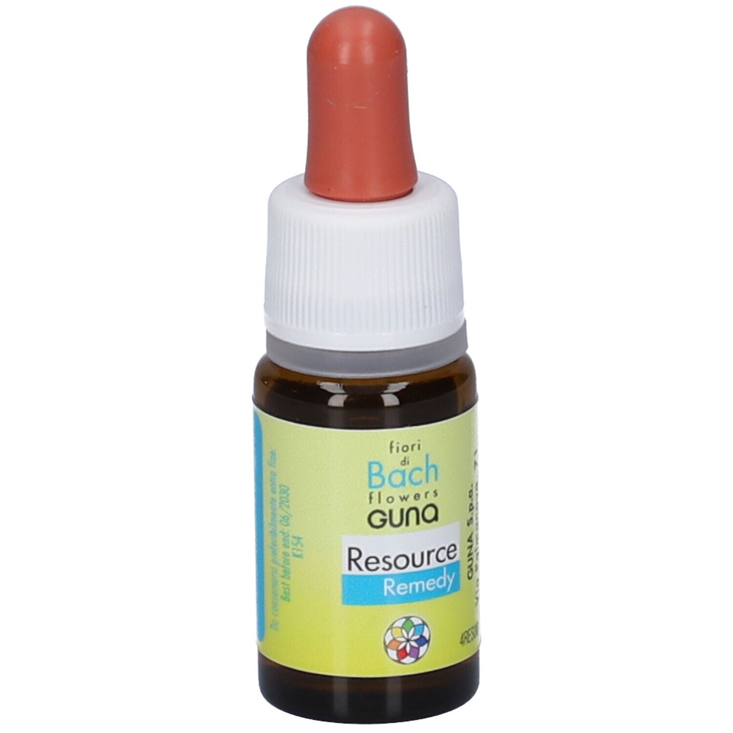 Braunglasflasche mit Pipettenverschluss und Etikett: Bachblüten GUNA Resource Remedy.