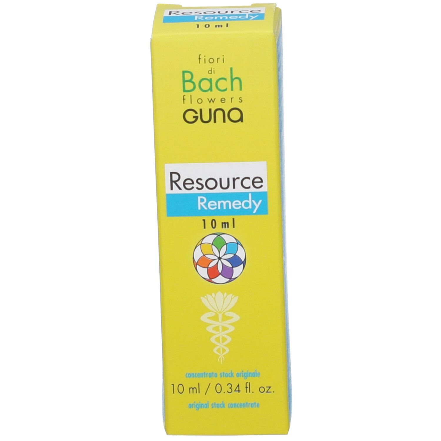 Gelbe Verpackung für Resource Remedy Tropfflasche: Bachblüten GUNA, 10 ml.
