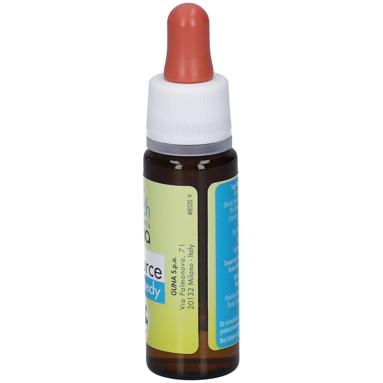 Seitliche Ansicht der Resource Remedy Tropfenflasche mit Pipette, Bachblüten GUNA.
