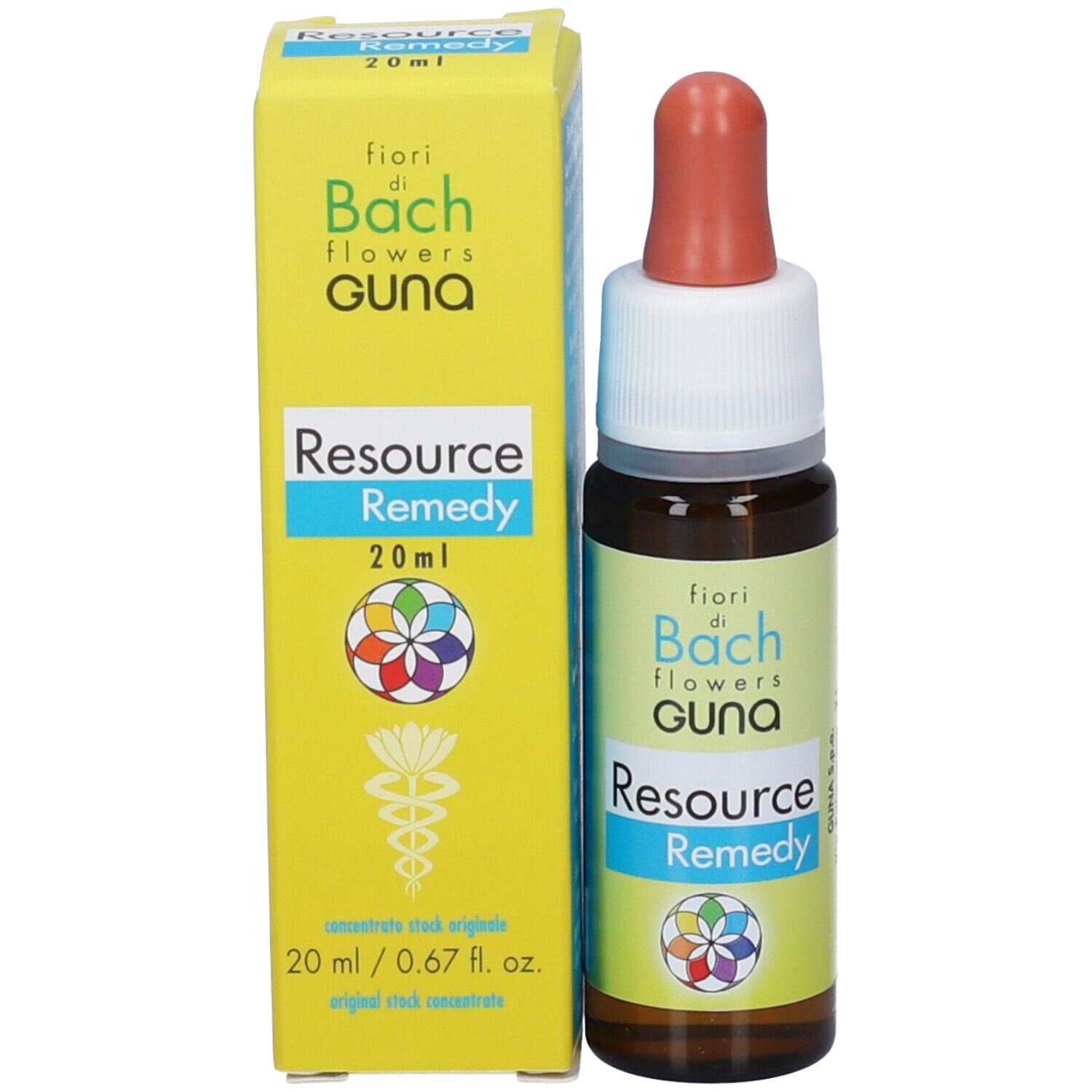 Resource Remedy Tropfenflasche und Verpackung, Bachblüten GUNA.