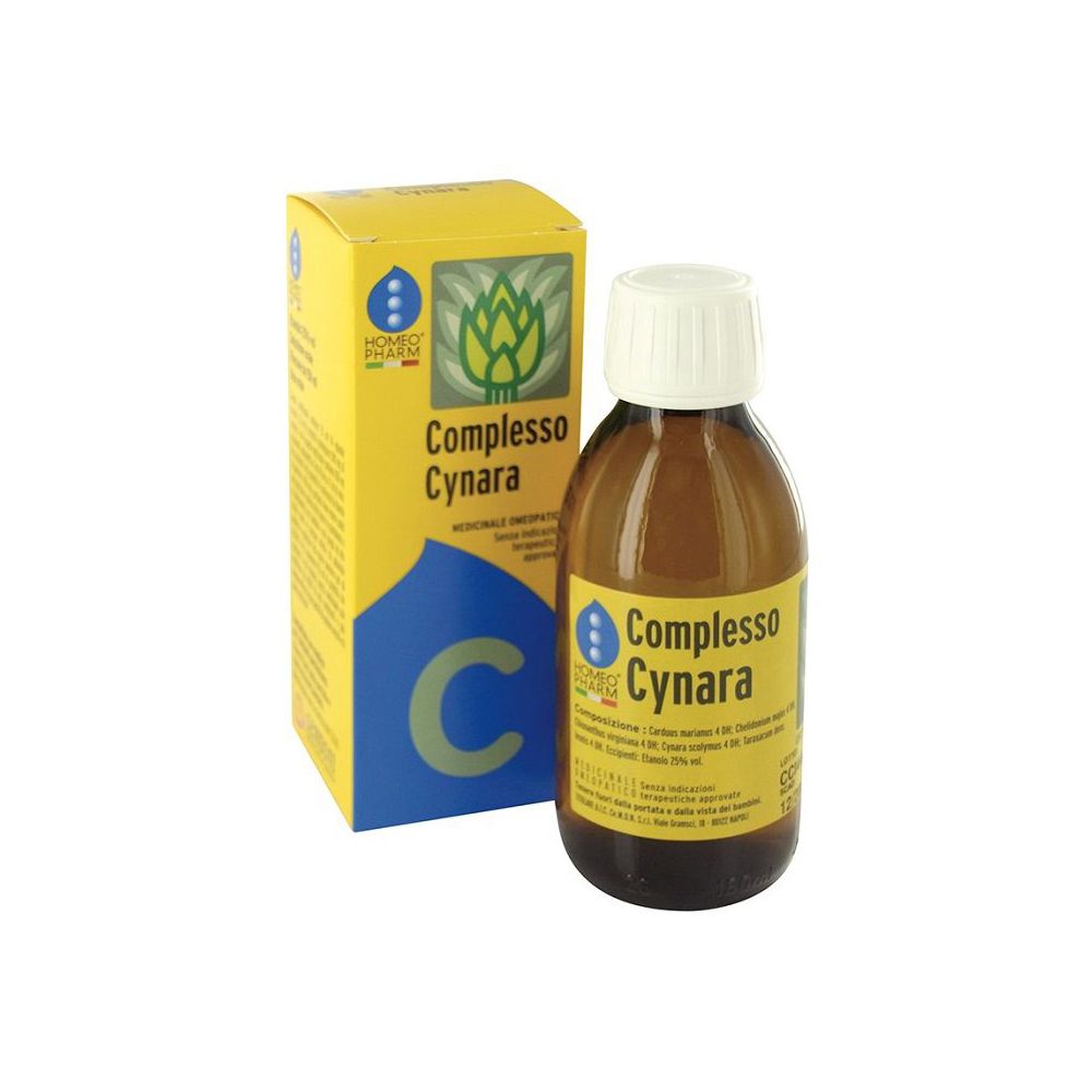 Flacone in vetro marrone e scatola gialla. Scritta: Complesso Cynara. Medicinale omeopatico.