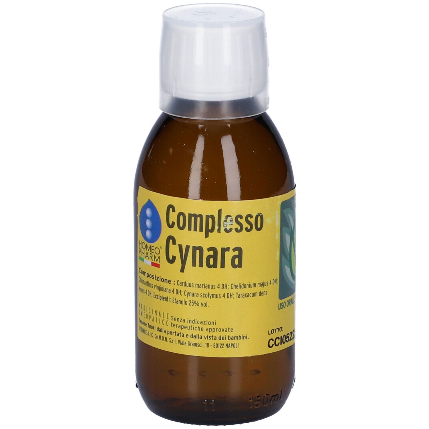 Flacone in vetro marrone con tappo bianco. Scritta: Complesso Cynara. Composizione e informazioni.