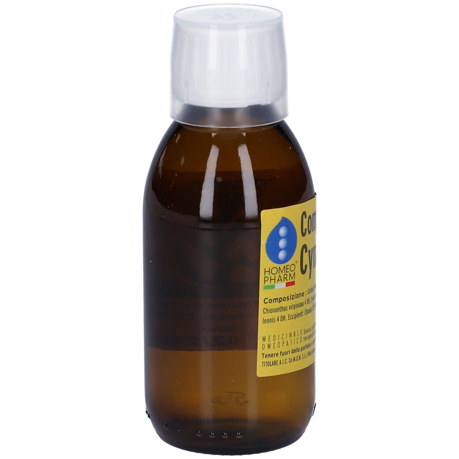 Flacone in vetro marrone con tappo bianco. Scritta: Complesso Cynara. Composizione e informazioni.