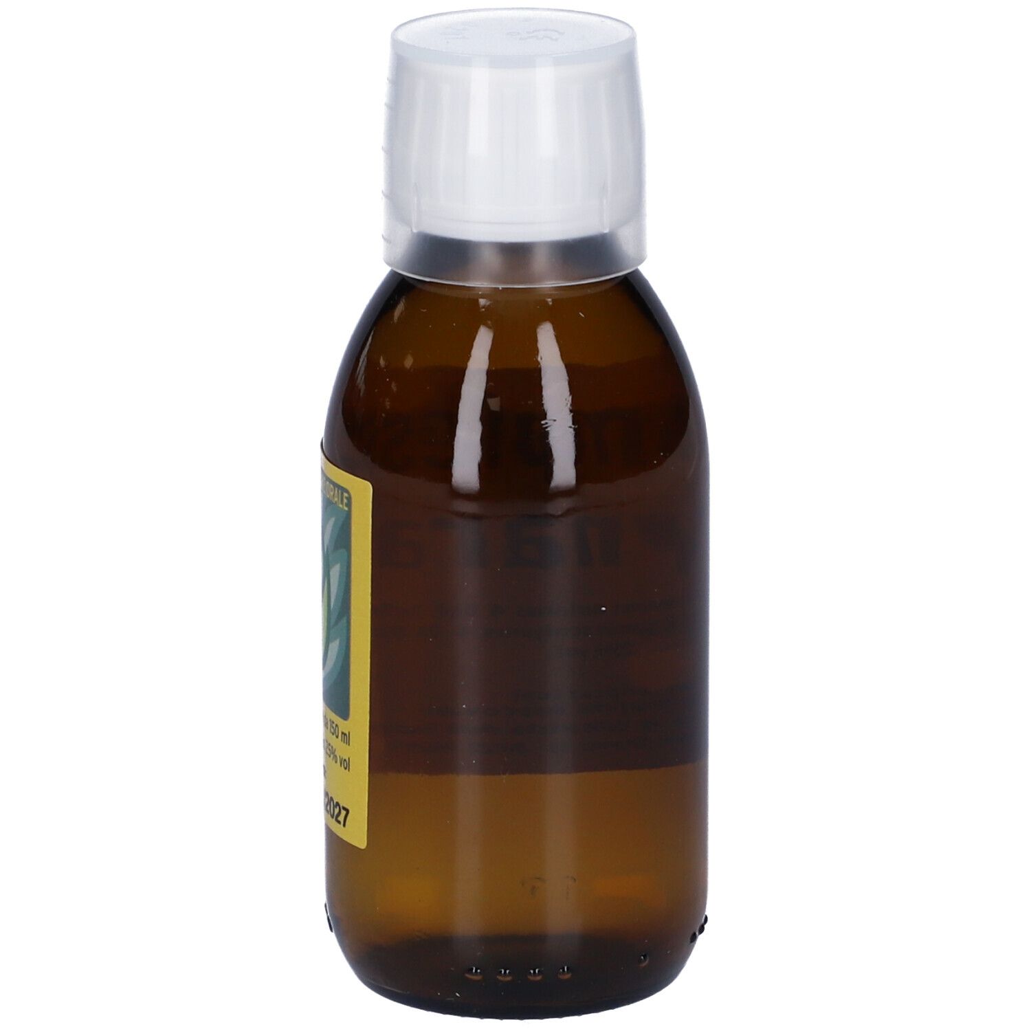 Flacone in vetro marrone con tappo bianco. Scritta: Complesso Cynara. Composizione e informazioni.