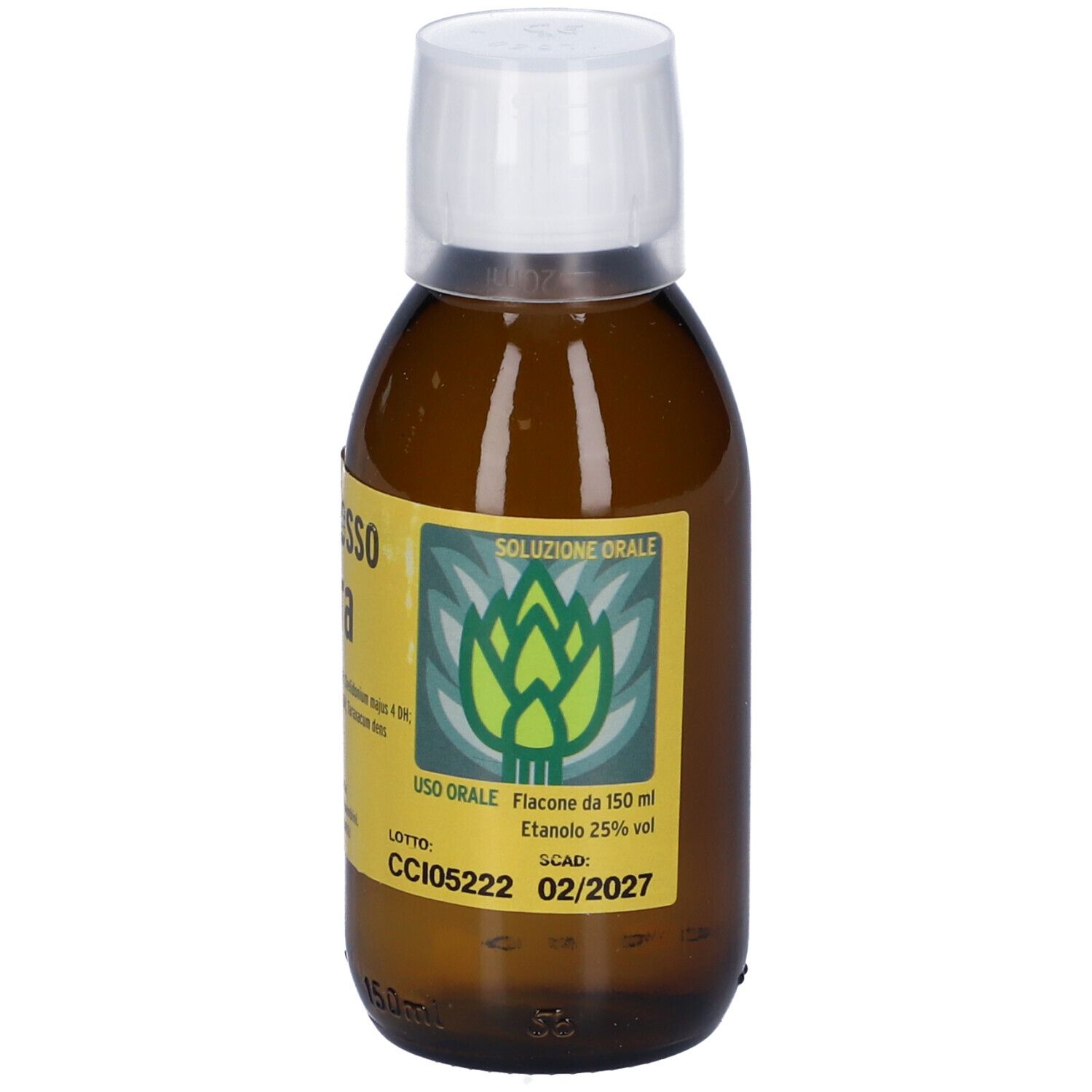 Flacone in vetro marrone con tappo bianco. Scritta: Complesso Cynara. Composizione e informazioni.