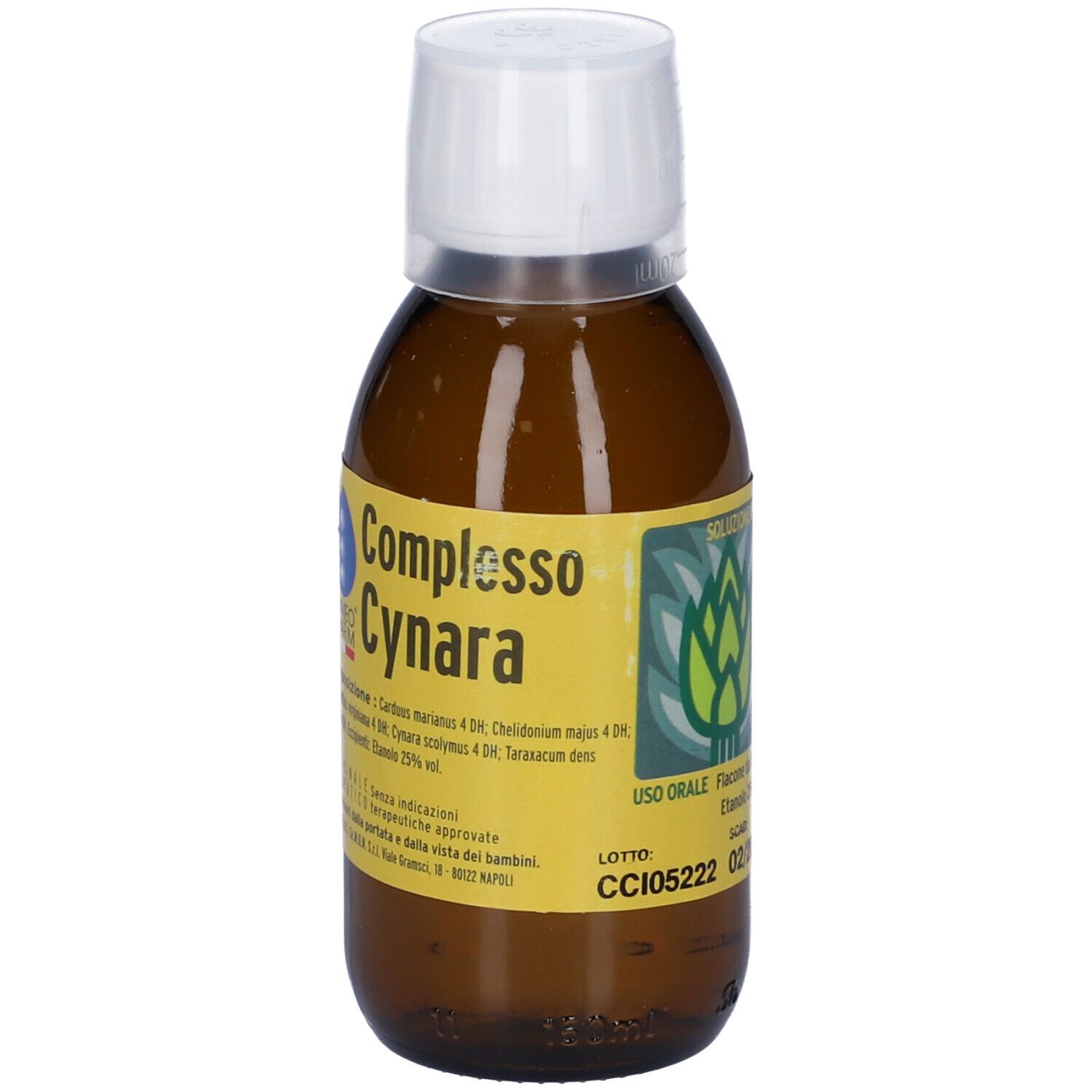 Flacone in vetro marrone con tappo bianco. Scritta: Complesso Cynara. Composizione e informazioni.