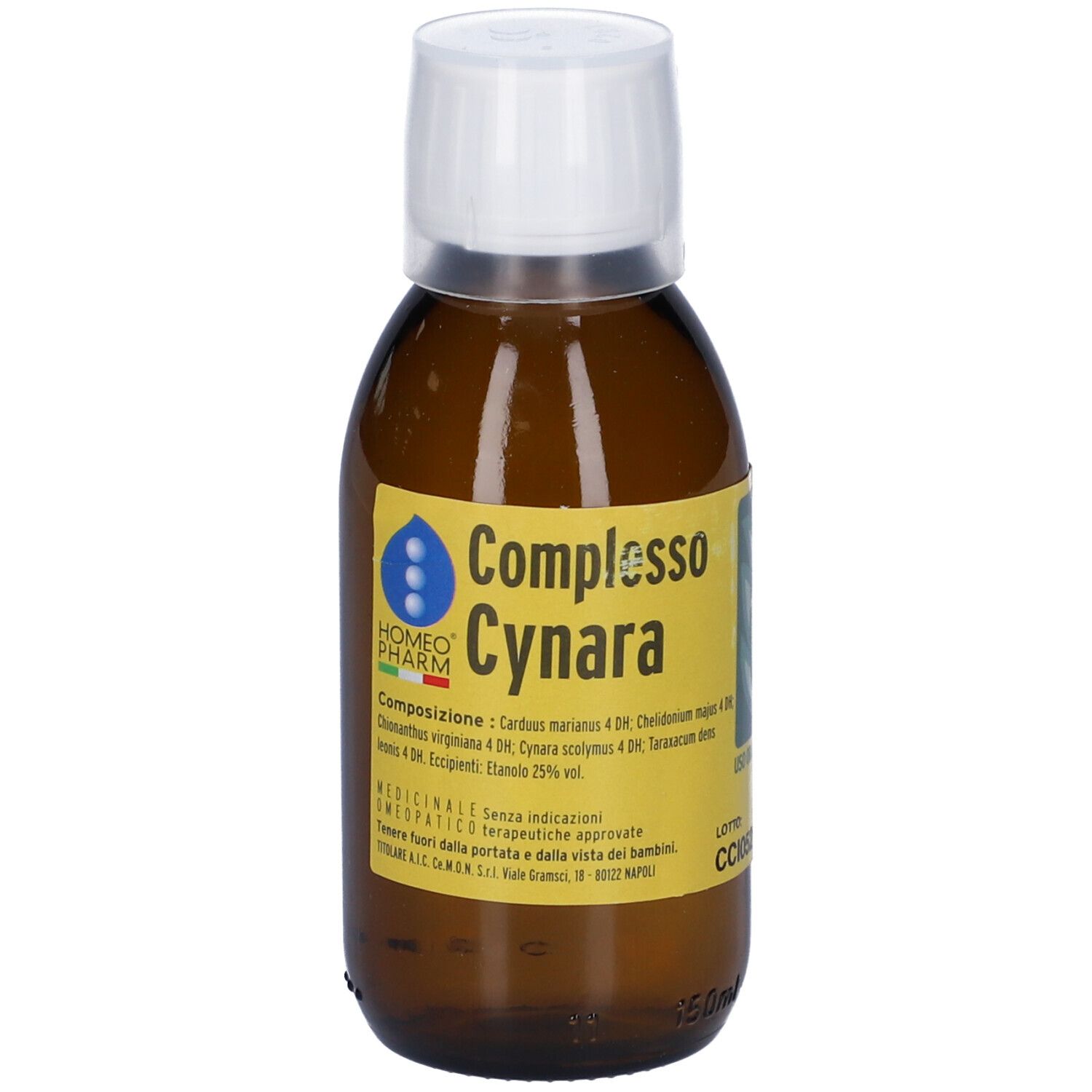 Flacone in vetro marrone con tappo bianco. Scritta: Complesso Cynara. Composizione e informazioni.