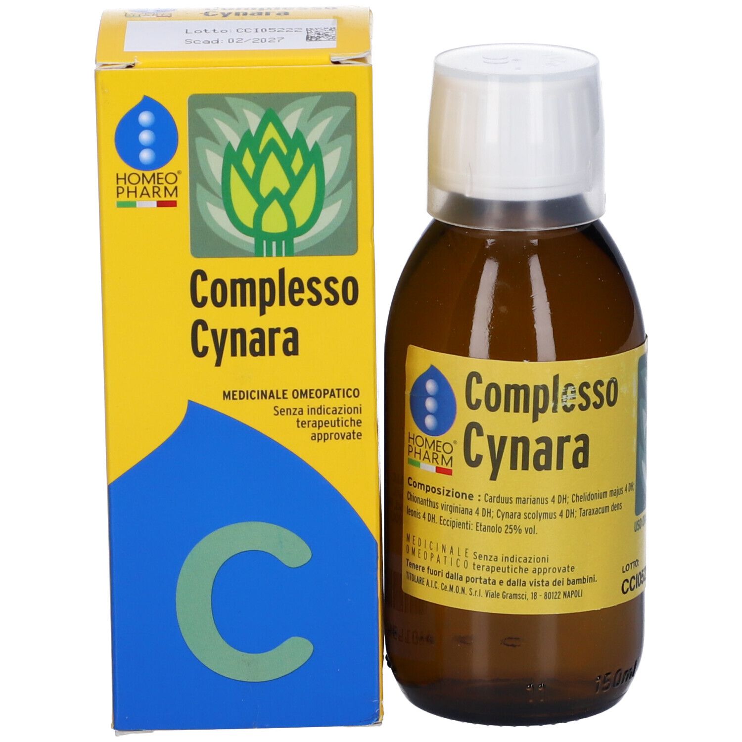 Flacone in vetro marrone e scatola gialla. Scritta: Complesso Cynara. Medicinale omeopatico.