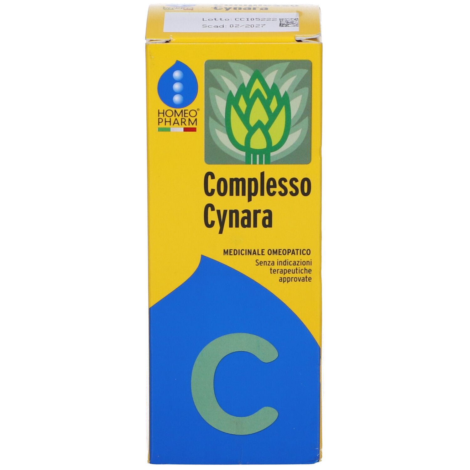Scatola gialla con scritta: Complesso Cynara. Medicinale omeopatico.